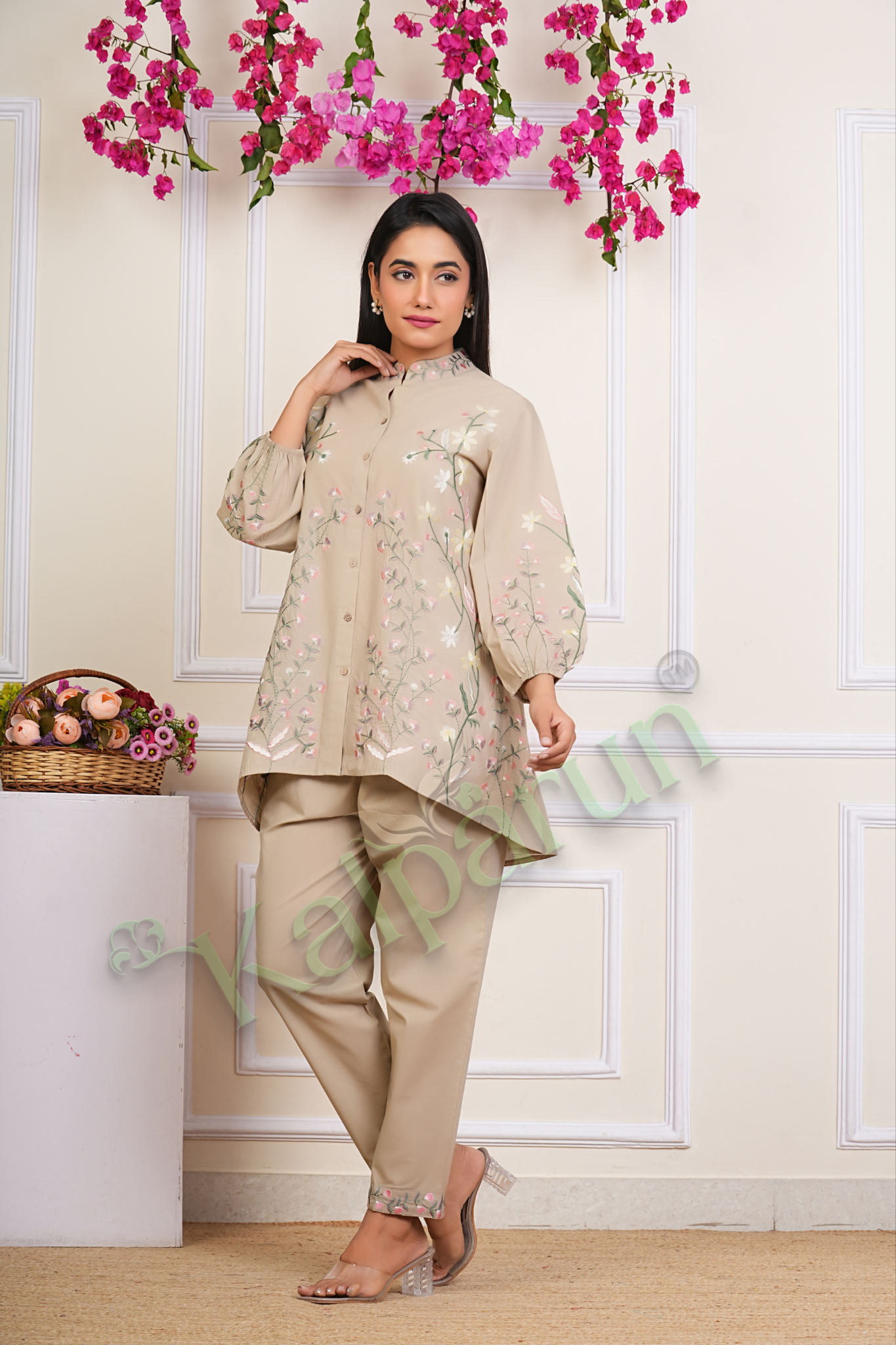 Floral Embroidered CORD SET, Beige Cotton, Mandarin Collar, Full Sleeves