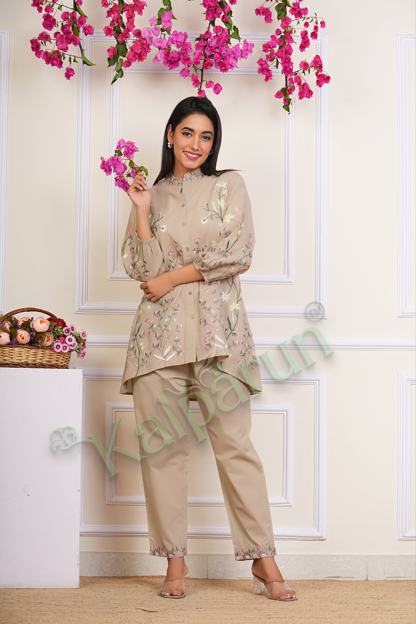 Floral Embroidered CORD SET, Beige Cotton, Mandarin Collar, Full Sleeves