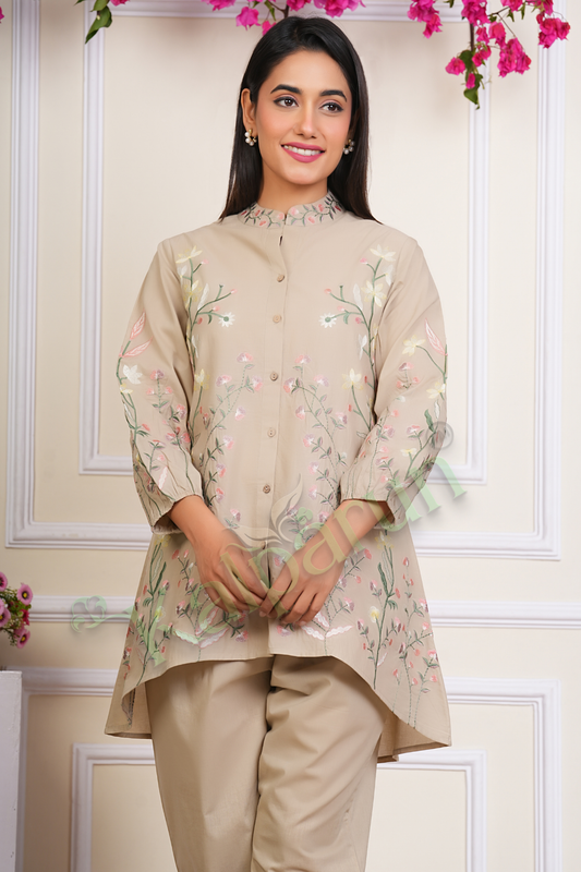 Floral Embroidered CORD SET, Beige Cotton, Mandarin Collar, Full Sleeves