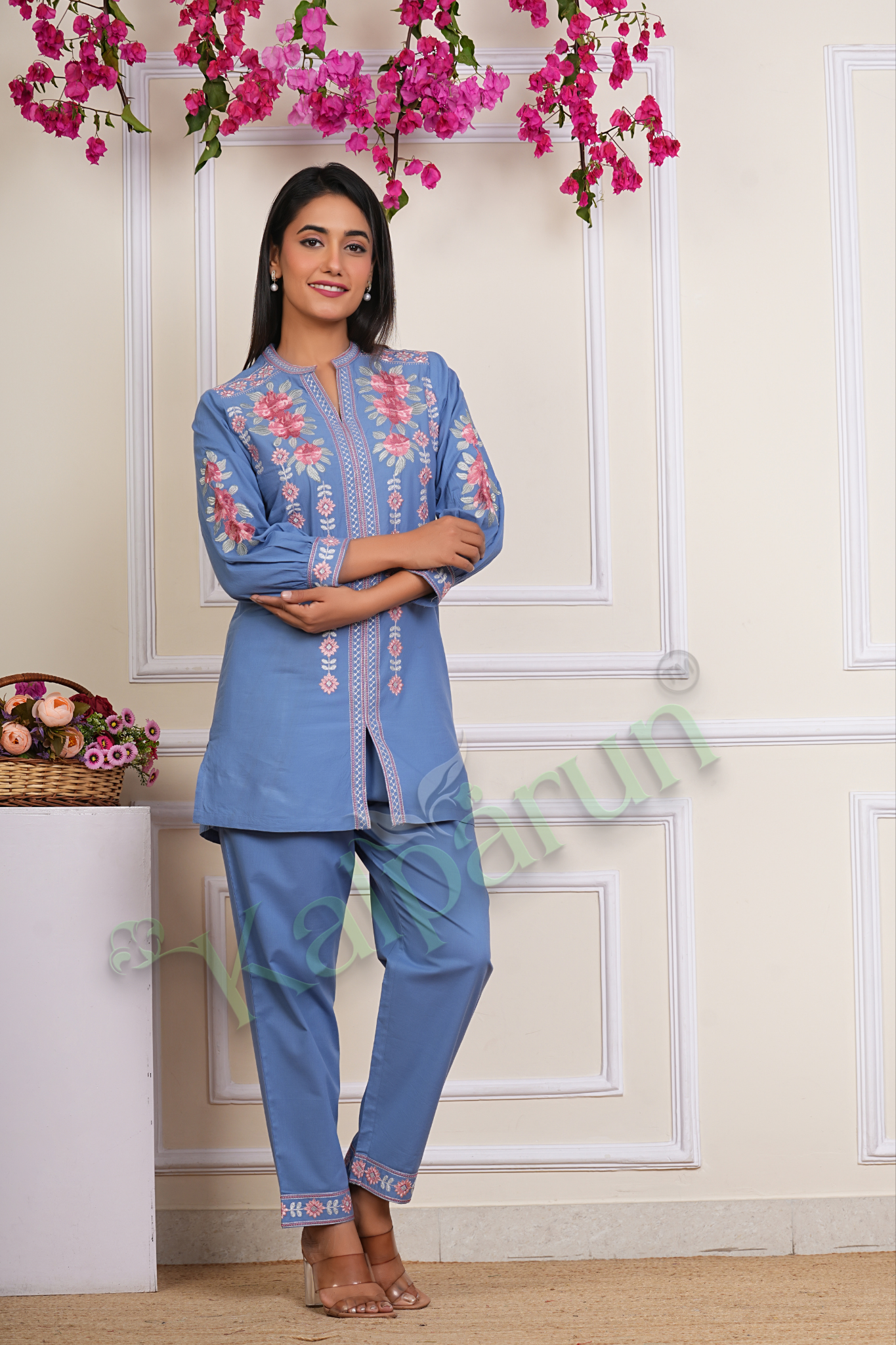 KALPARUN Blue Cotton CORD Set with Pink Floral Embroidery, Mandarin Collar, Three-Quarter Sleeves