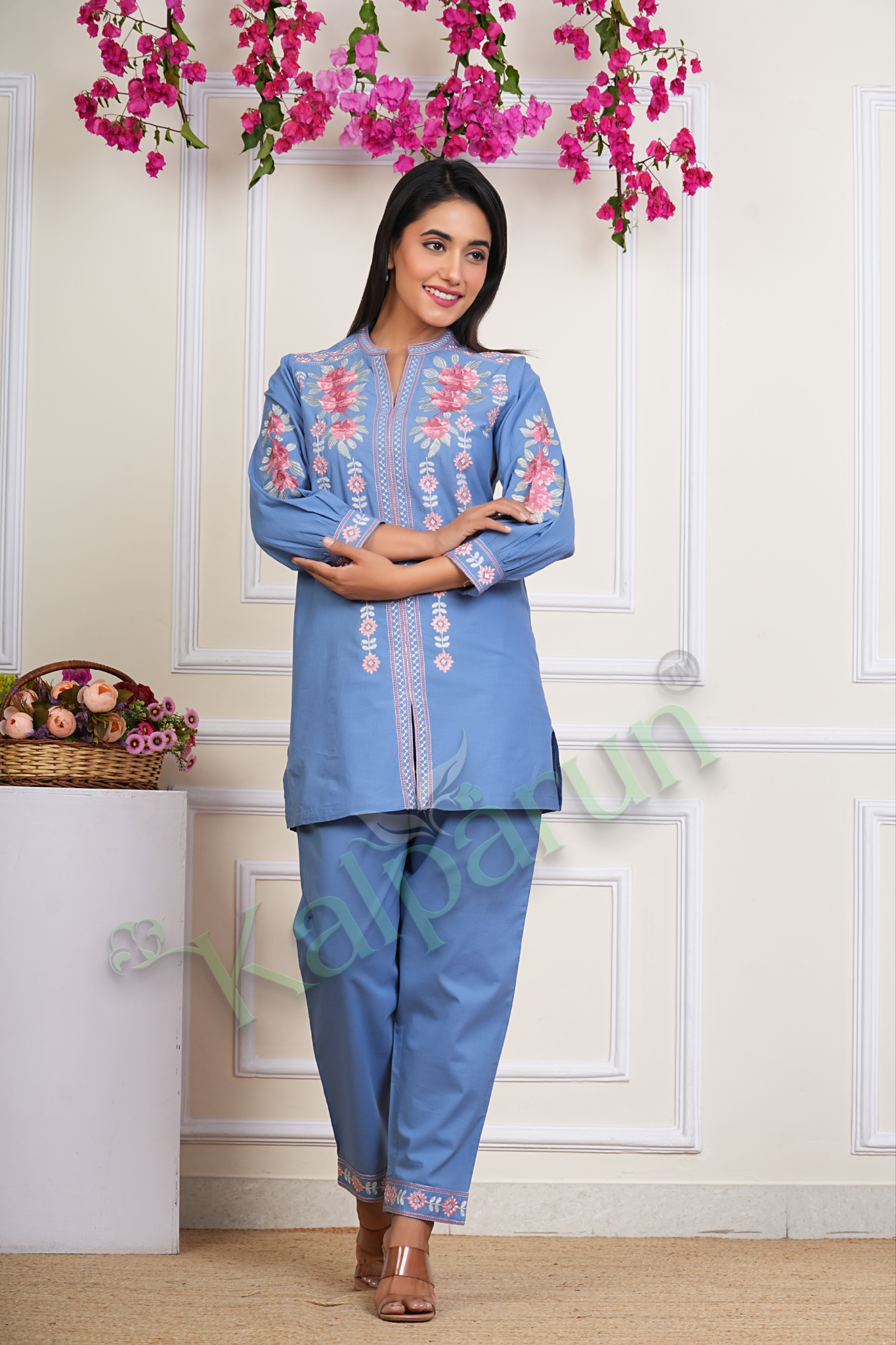 KALPARUN Blue Cotton CORD Set with Pink Floral Embroidery, Mandarin Collar, Three-Quarter Sleeves