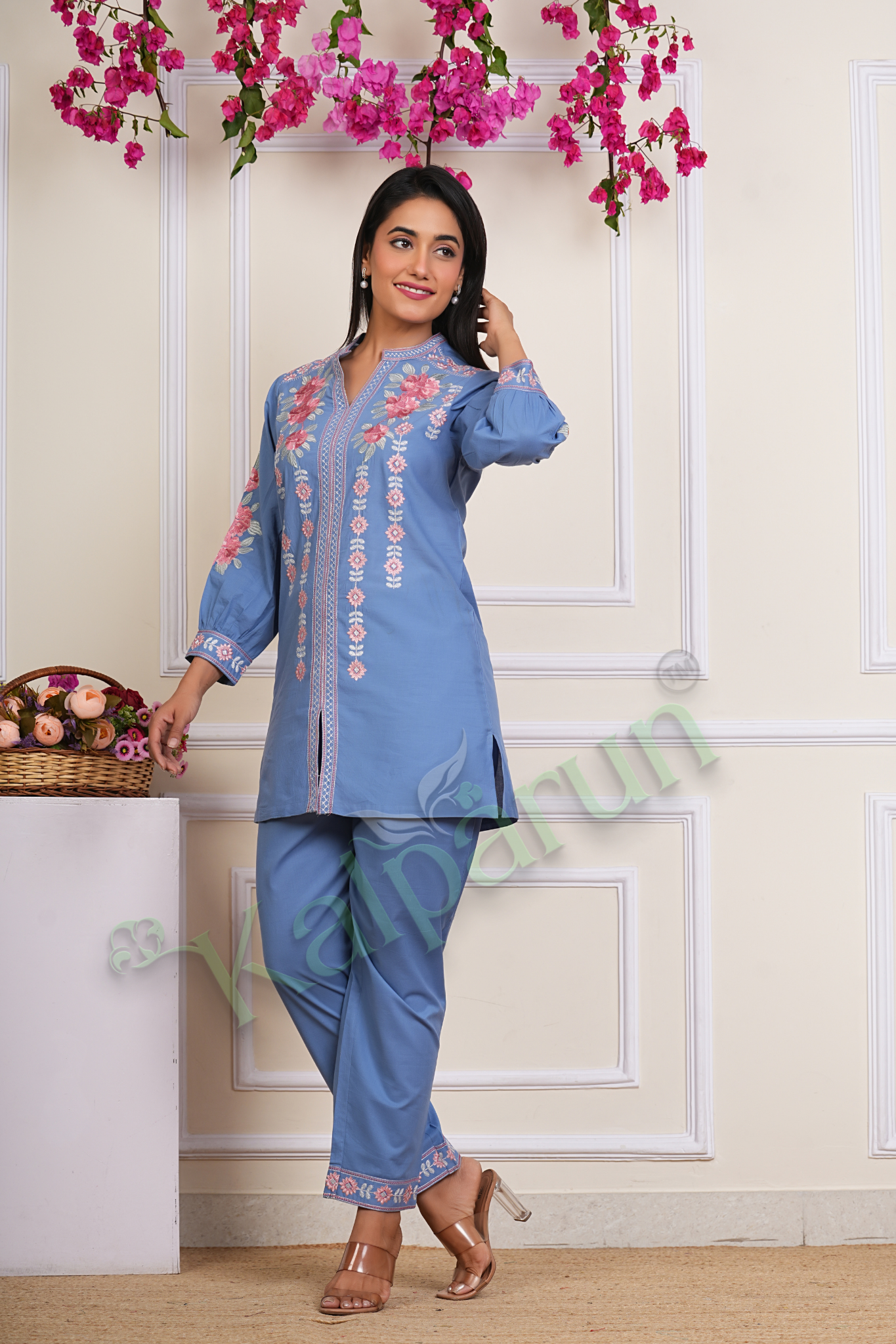 KALPARUN Blue Cotton CORD Set with Pink Floral Embroidery, Mandarin Collar, Three-Quarter Sleeves