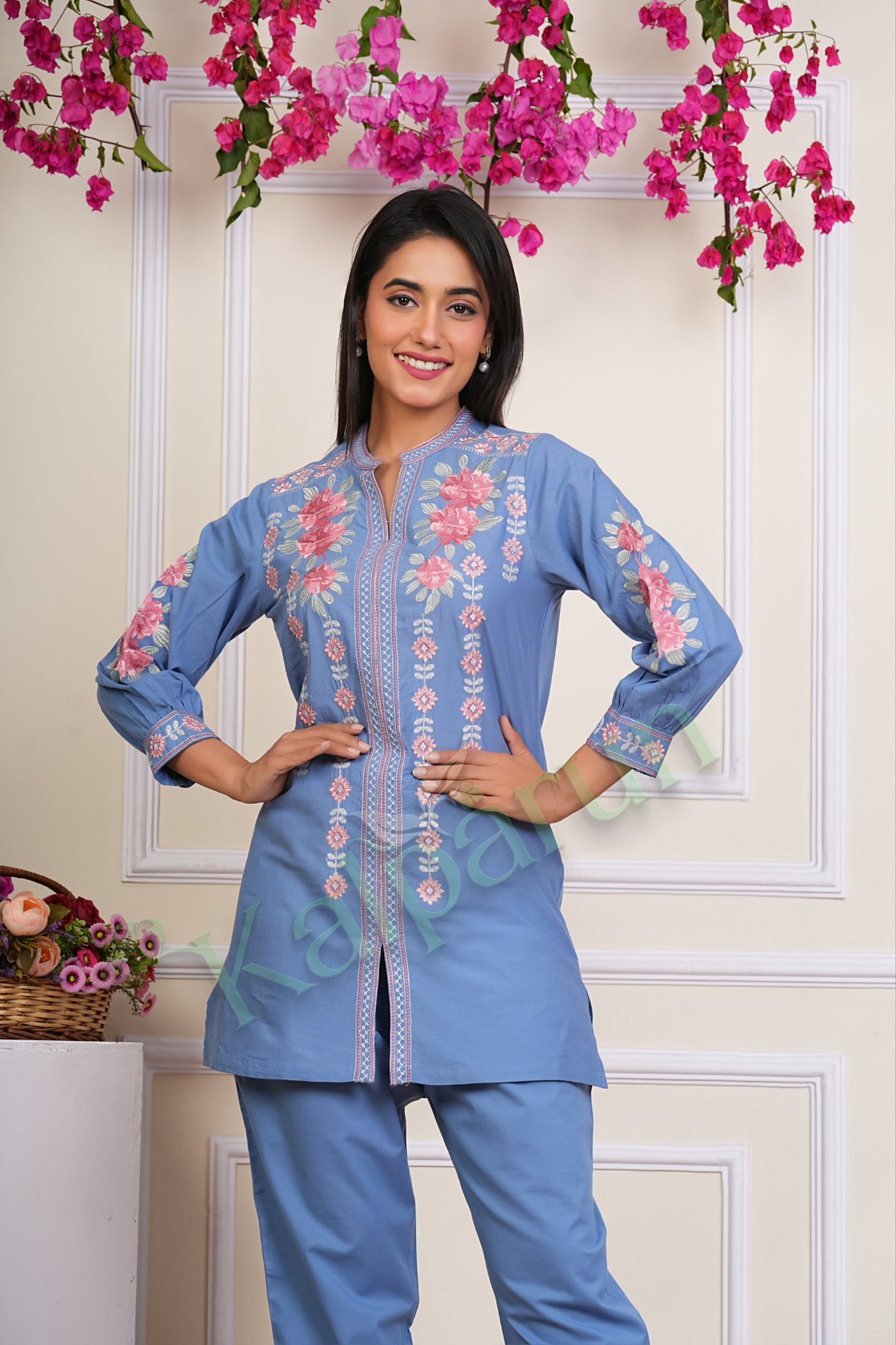 KALPARUN Blue Cotton CORD Set with Pink Floral Embroidery, Mandarin Collar, Three-Quarter Sleeves
