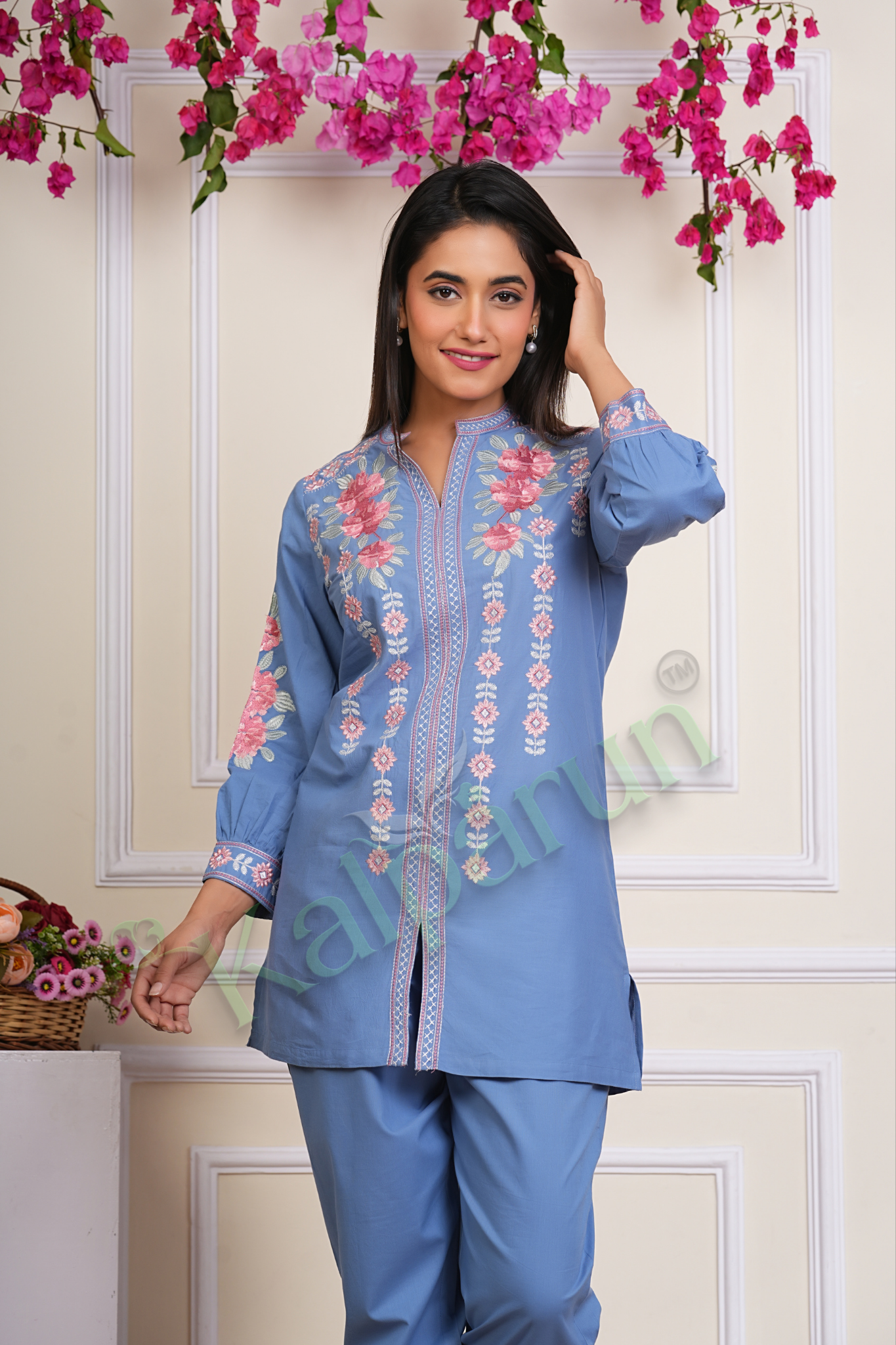 KALPARUN Blue Cotton CORD Set with Pink Floral Embroidery, Mandarin Collar, Three-Quarter Sleeves