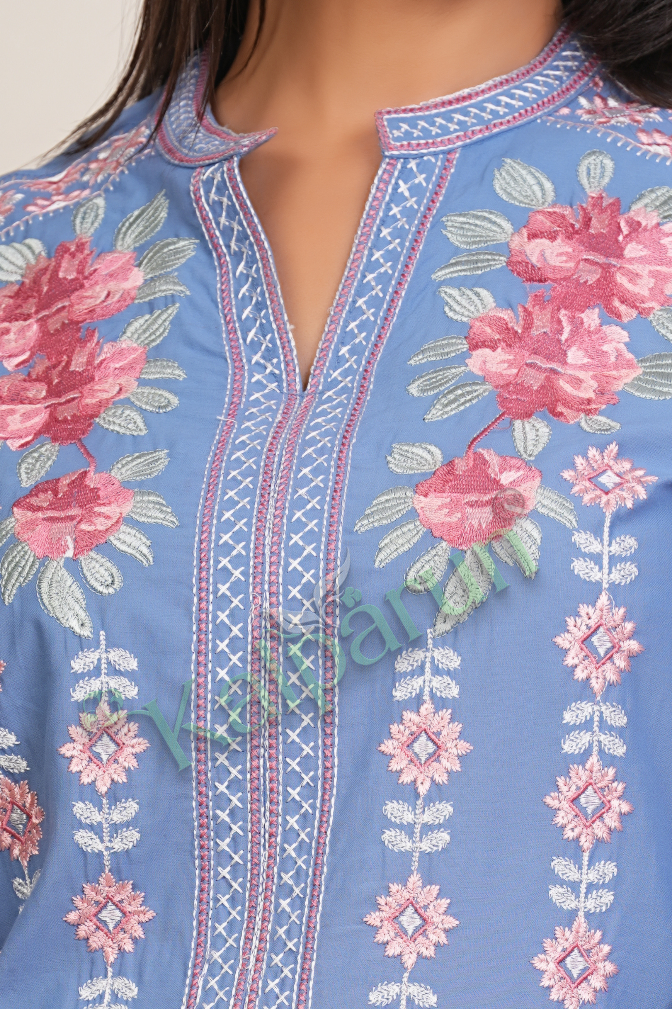 KALPARUN Blue Cotton CORD Set with Pink Floral Embroidery, Mandarin Collar, Three-Quarter Sleeves