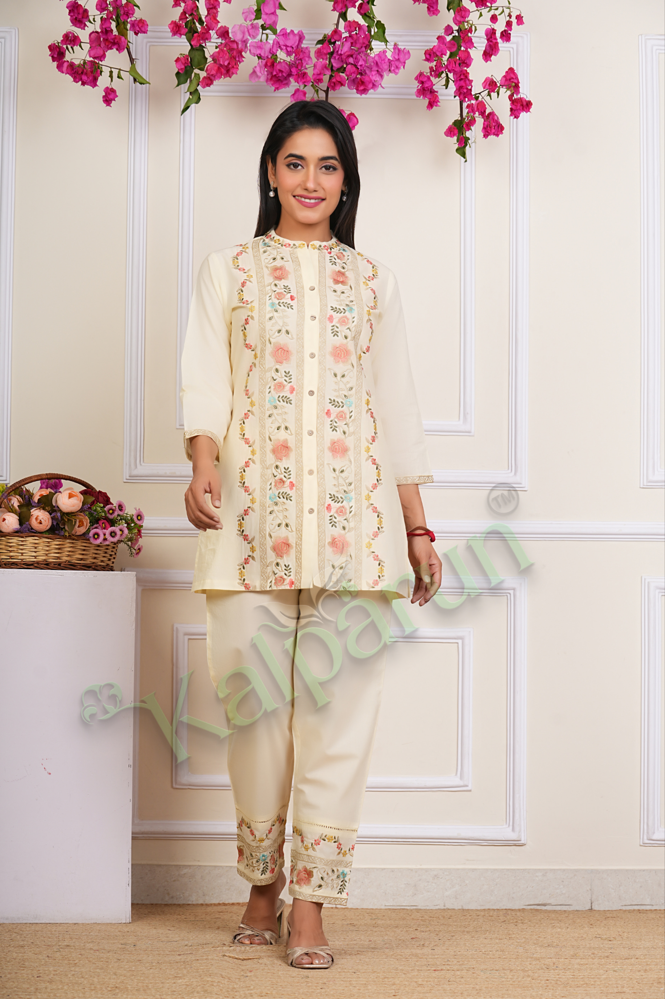 KALPARUN Blue Cotton CORD Set with Pink Floral Embroidery, Mandarin Collar, Three-Quarter Sleeves