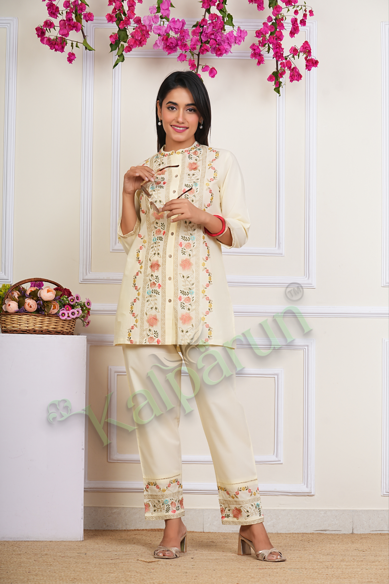 KALPARUN Blue Cotton CORD Set with Pink Floral Embroidery, Mandarin Collar, Three-Quarter Sleeves