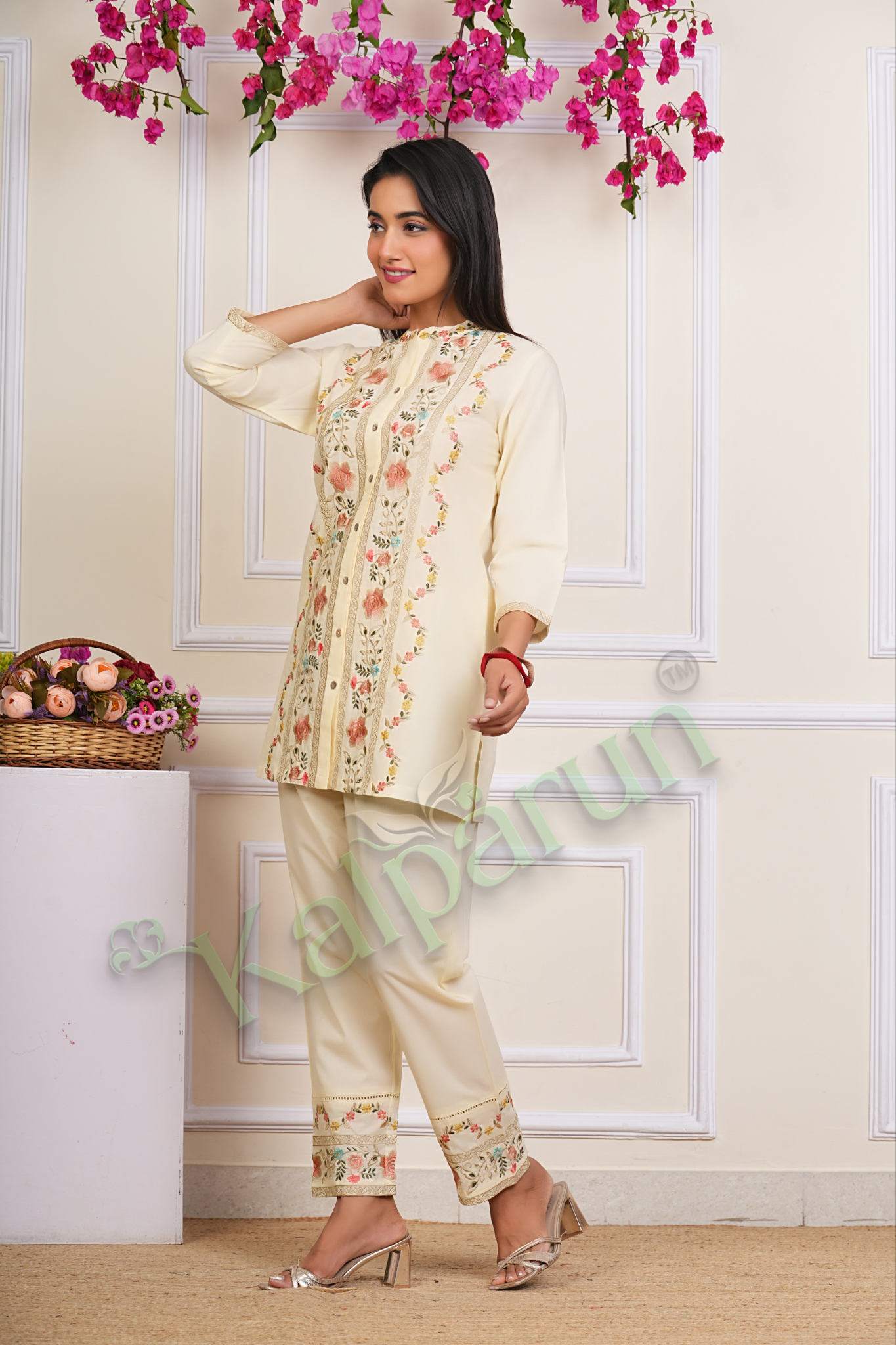 KALPARUN Blue Cotton CORD Set with Pink Floral Embroidery, Mandarin Collar, Three-Quarter Sleeves