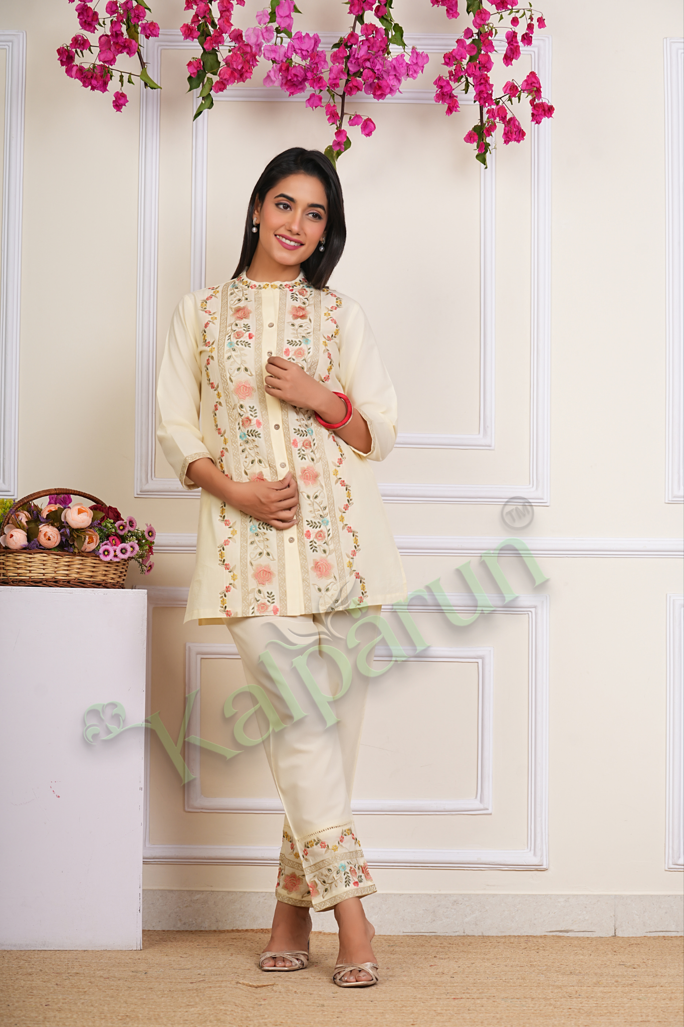 KALPARUN Blue Cotton CORD Set with Pink Floral Embroidery, Mandarin Collar, Three-Quarter Sleeves