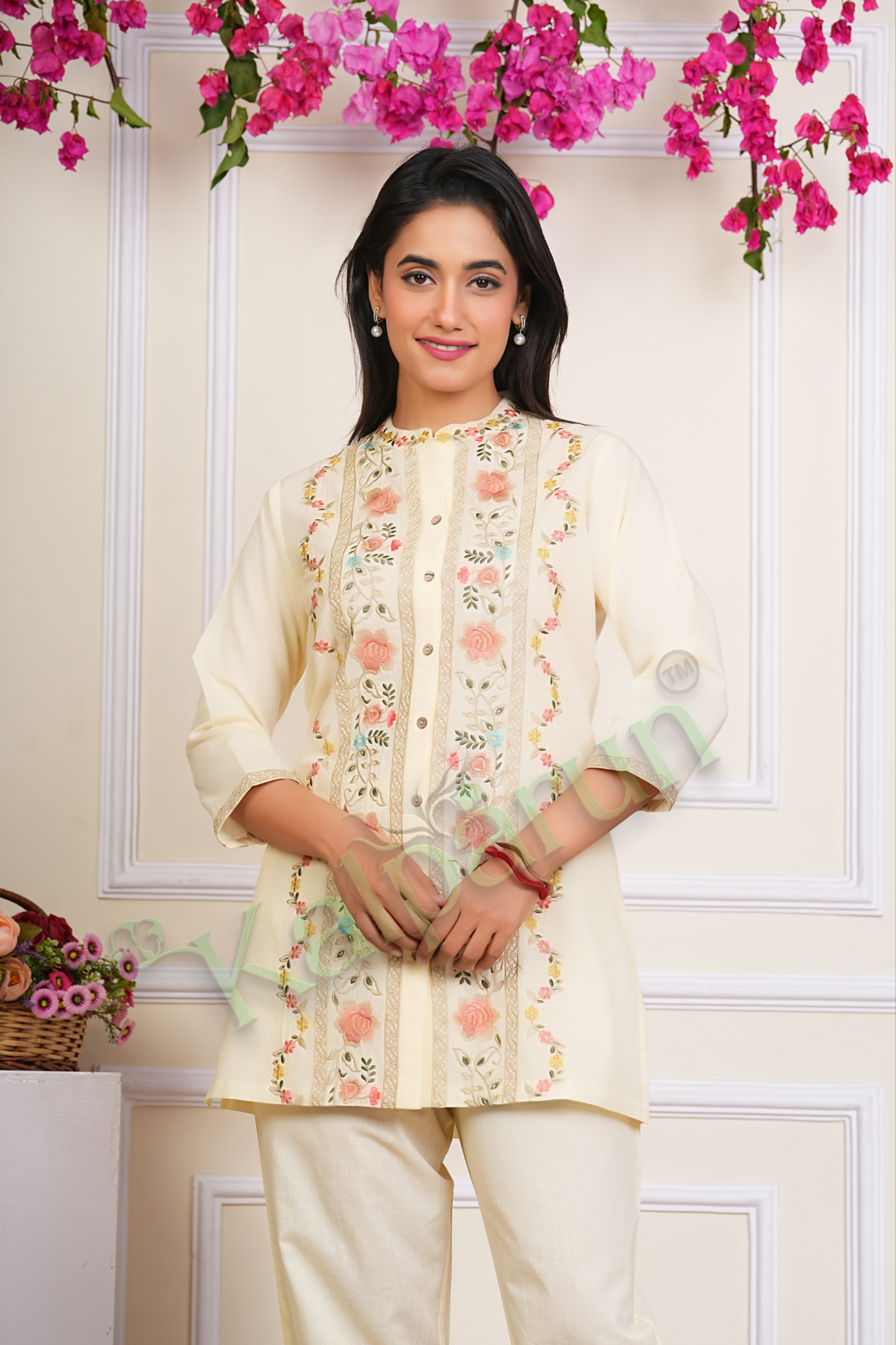KALPARUN Blue Cotton CORD Set with Pink Floral Embroidery, Mandarin Collar, Three-Quarter Sleeves