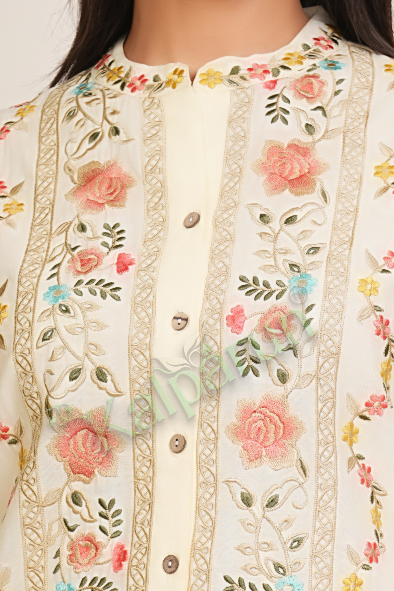 KALPARUN Blue Cotton CORD Set with Pink Floral Embroidery, Mandarin Collar, Three-Quarter Sleeves