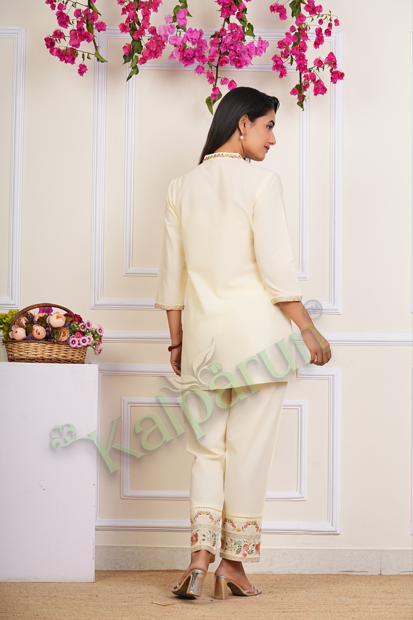 KALPARUN Blue Cotton CORD Set with Pink Floral Embroidery, Mandarin Collar, Three-Quarter Sleeves
