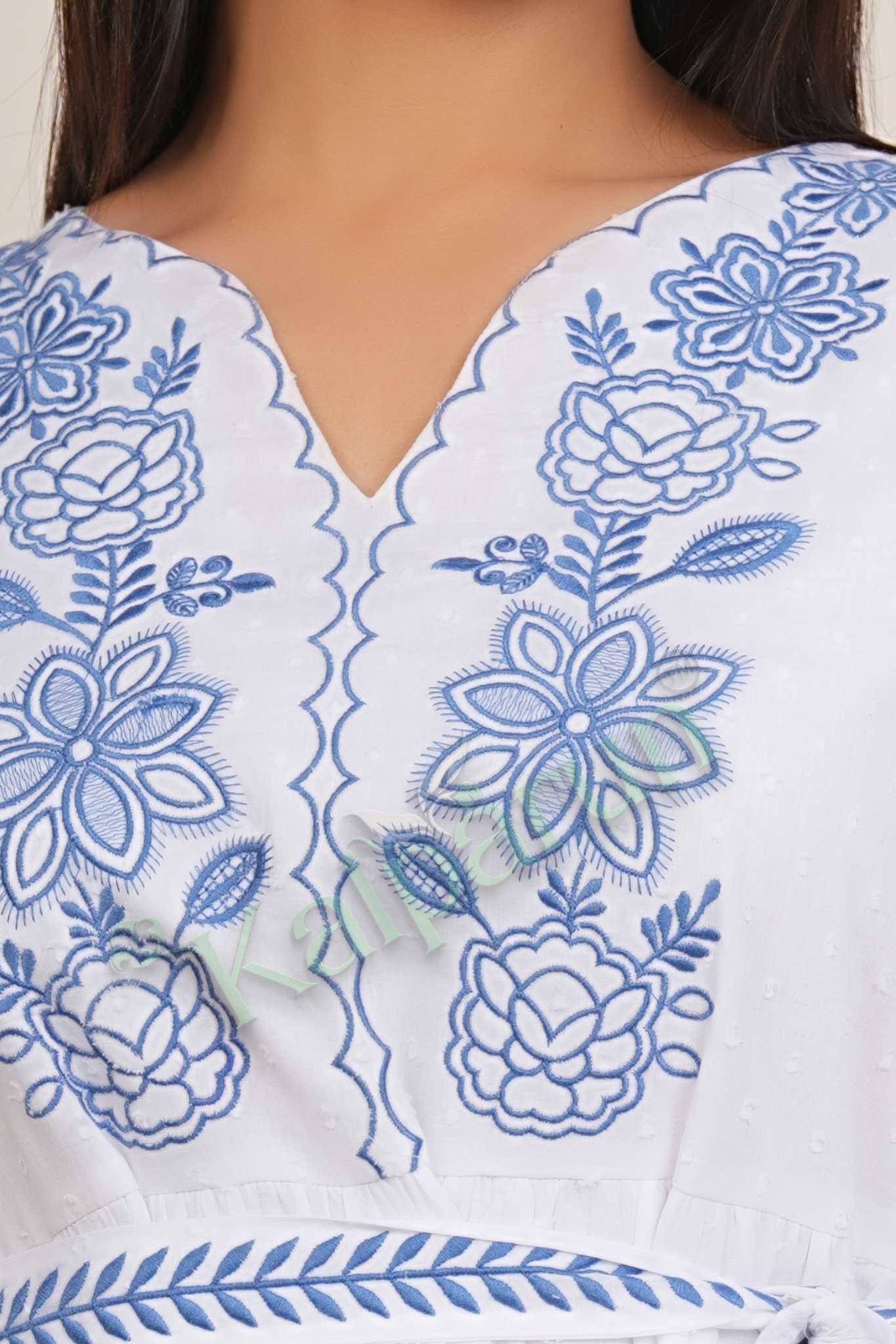White Cotton Midi Dress with Blue Floral Embroidery, V-Neck, 3/4 Sleeves, A-Line Fit