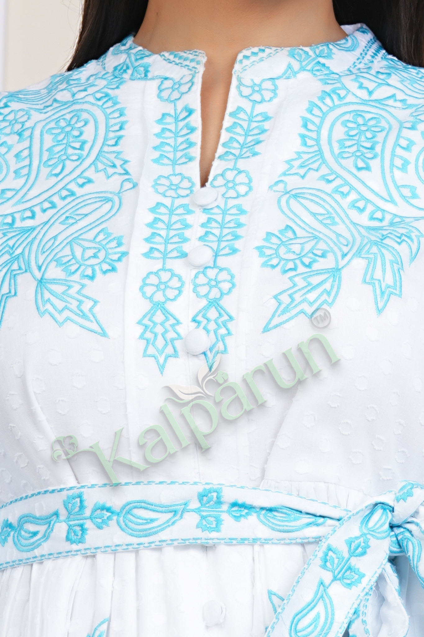KALPARUN White Cotton Midi Dress, Blue Floral Embroidery, V-Neck, Three-quarter Sleeves, A-Line Fit with Belt