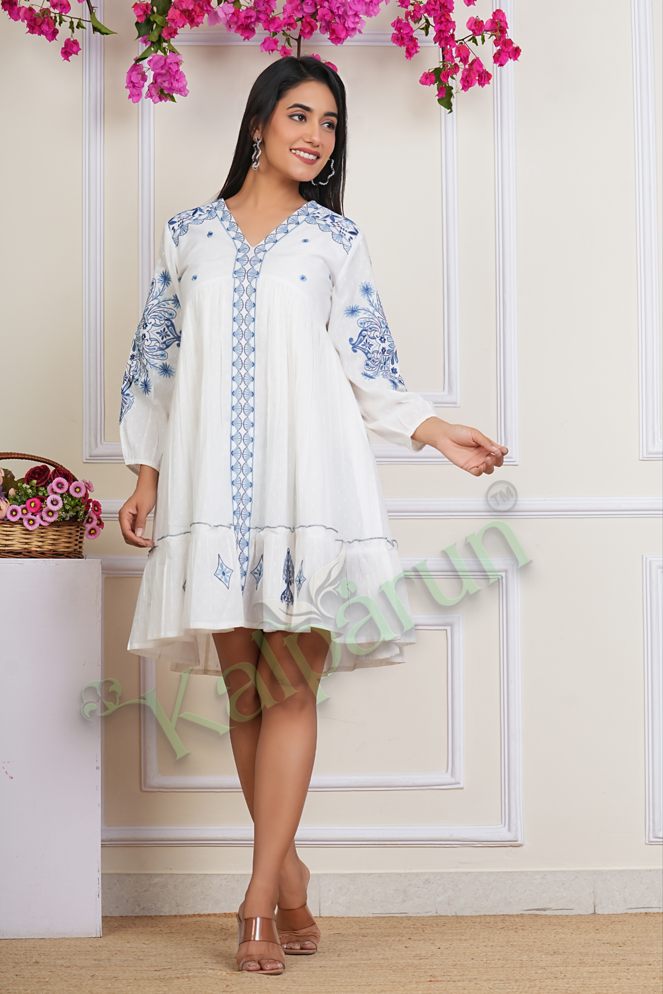 KALPARUN White Cotton Midi Dress, Blue Floral Embroidery, V-Neck, Three-quarter Sleeves, A-Line Fit