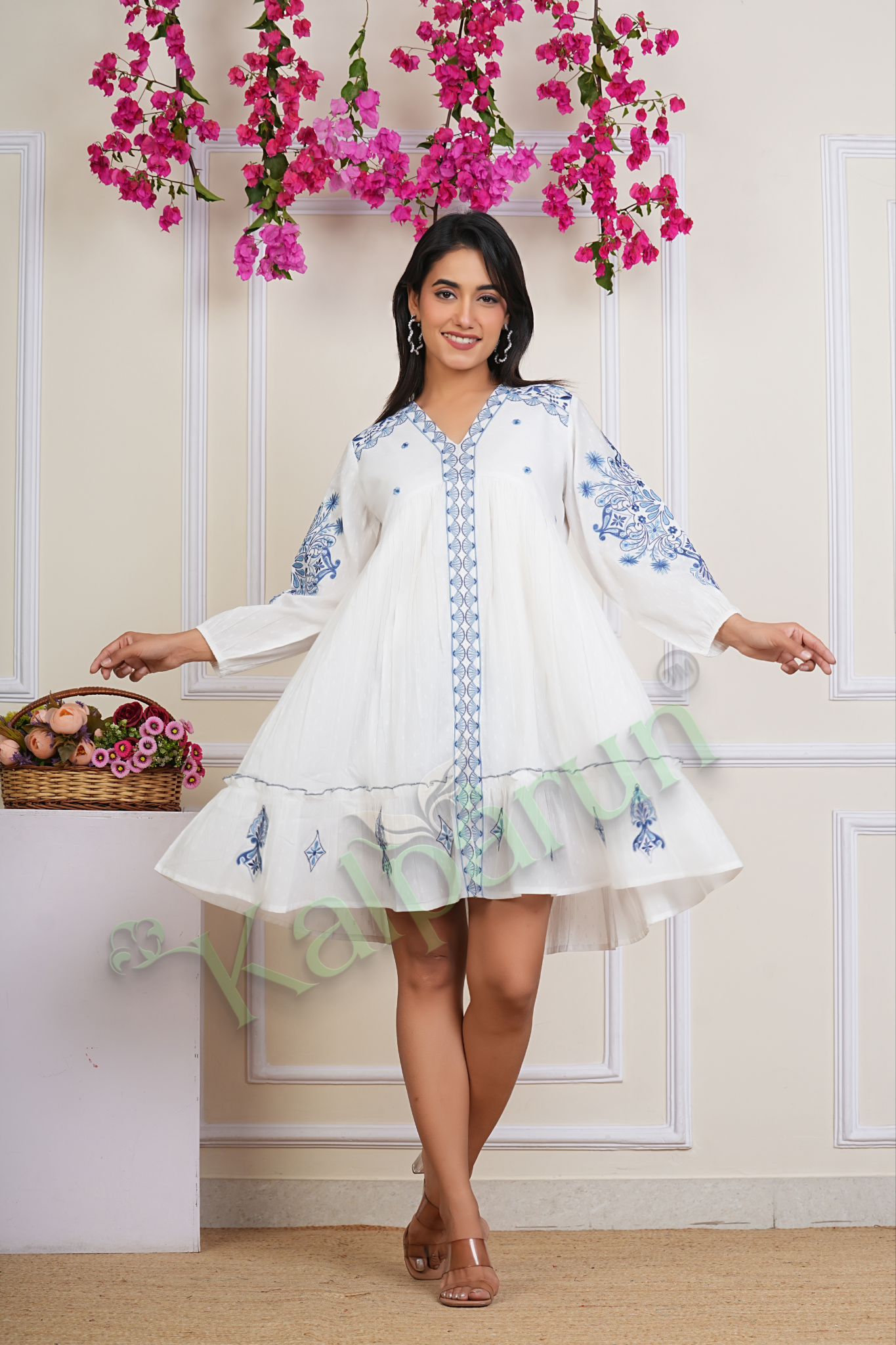 KALPARUN White Cotton Midi Dress, Blue Floral Embroidery, V-Neck, Three-quarter Sleeves, A-Line Fit