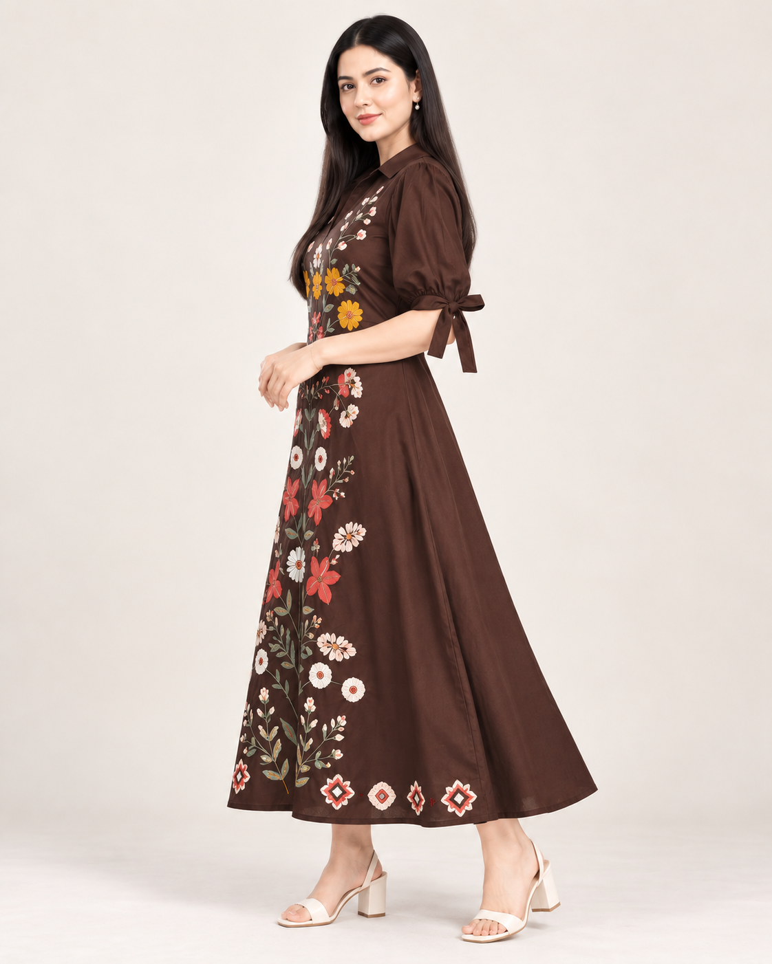 Brown Floral Embroidered Cotton Long Dress for Women