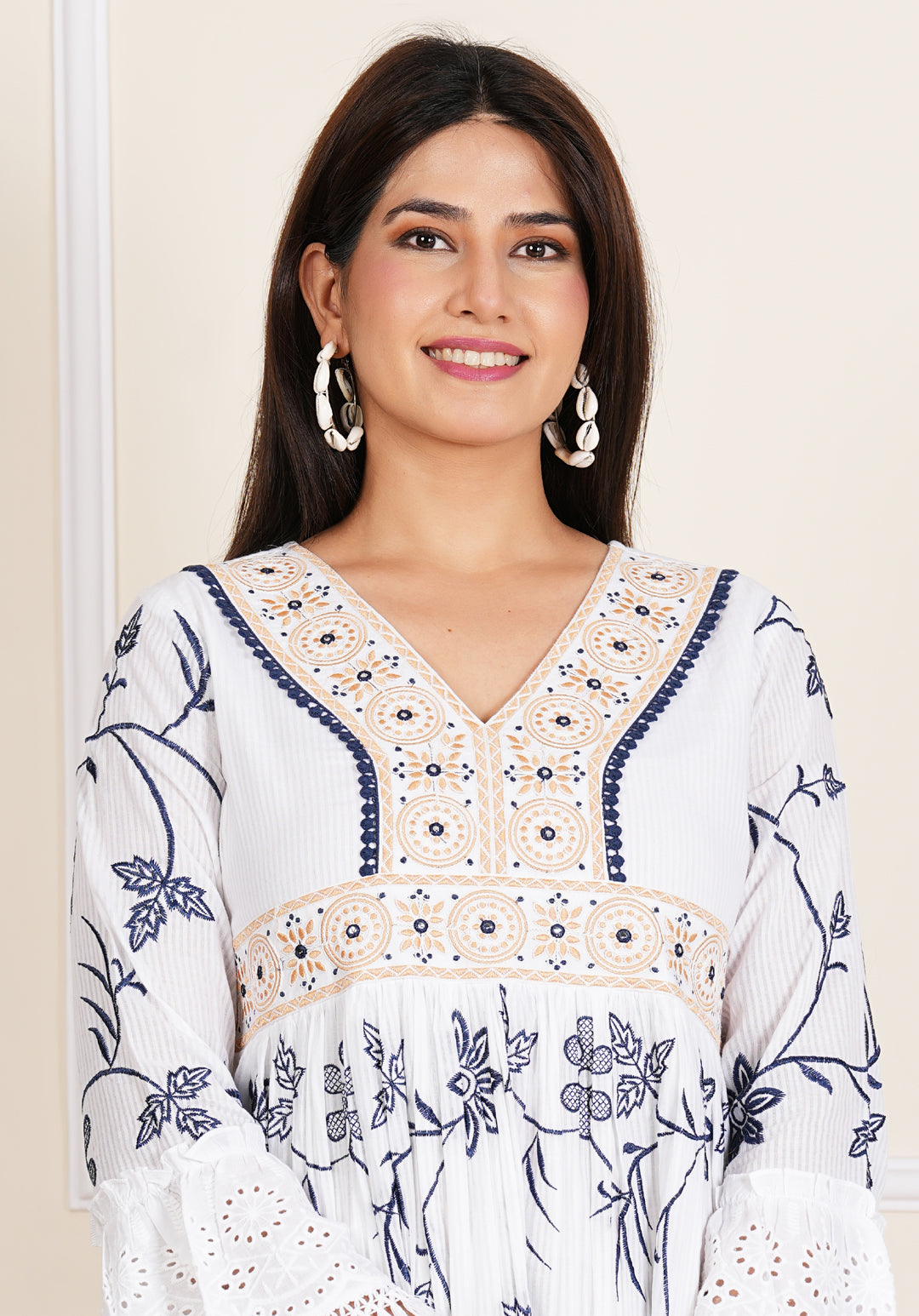 Kalparun Women's Ivory White Floral Embroidered Cotton Short Dress, V-Neck, Bell Sleeves with Eyelet Lace Trim