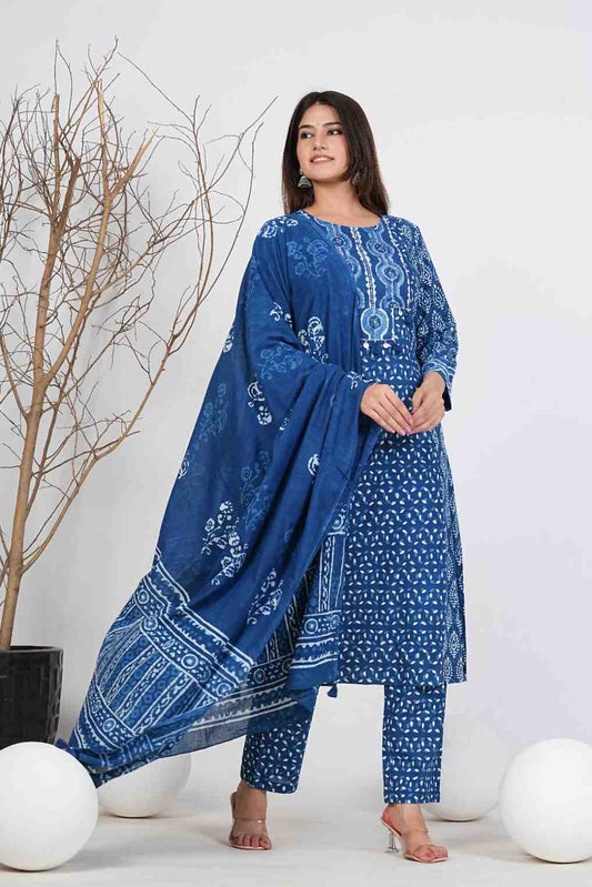 Women’s Indigo Cotton Dabu Print Kurta Pant Set with Dupatta