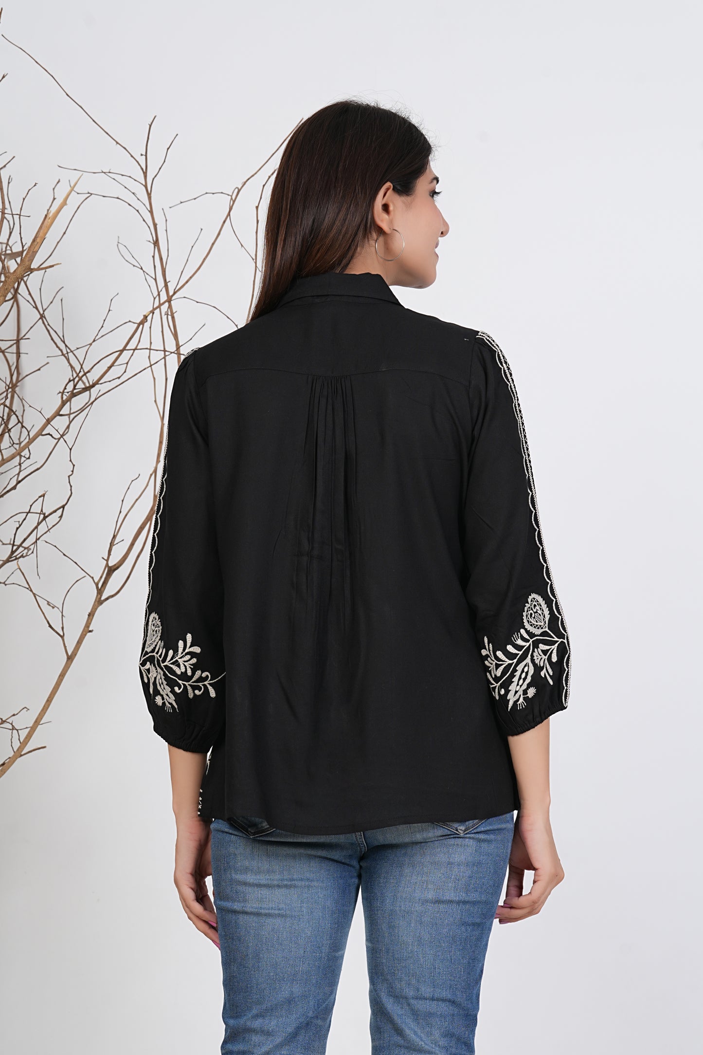 Black Embroidered Cotton Shirt For Women | Kalparun