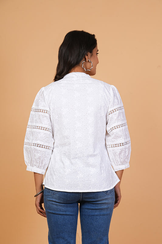 Women's White Cotton Schiffli Embroidered Shirt Top