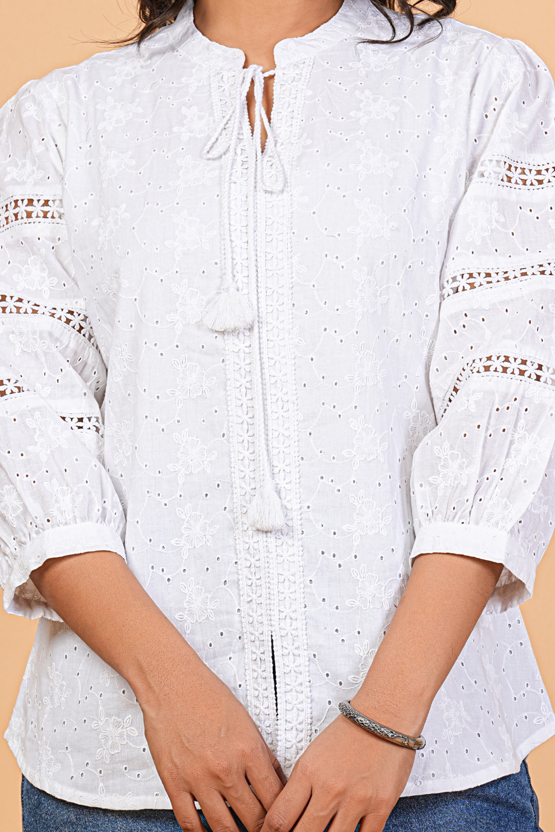 Women's White Cotton Schiffli Embroidered Shirt Top