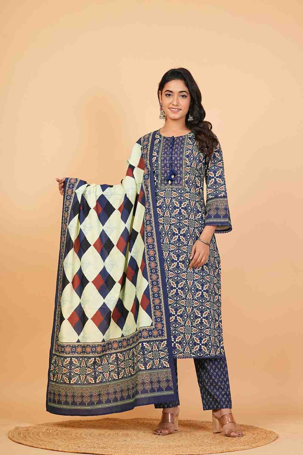 Women’s Navy Blue Cotton Printed Suit Set with Dupatta