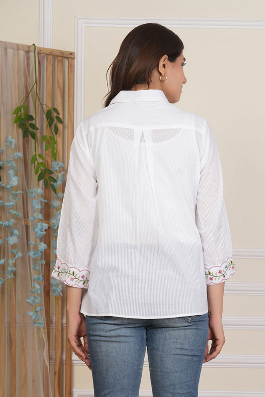Women's White Floral Cotton Embroidered Shirt Top