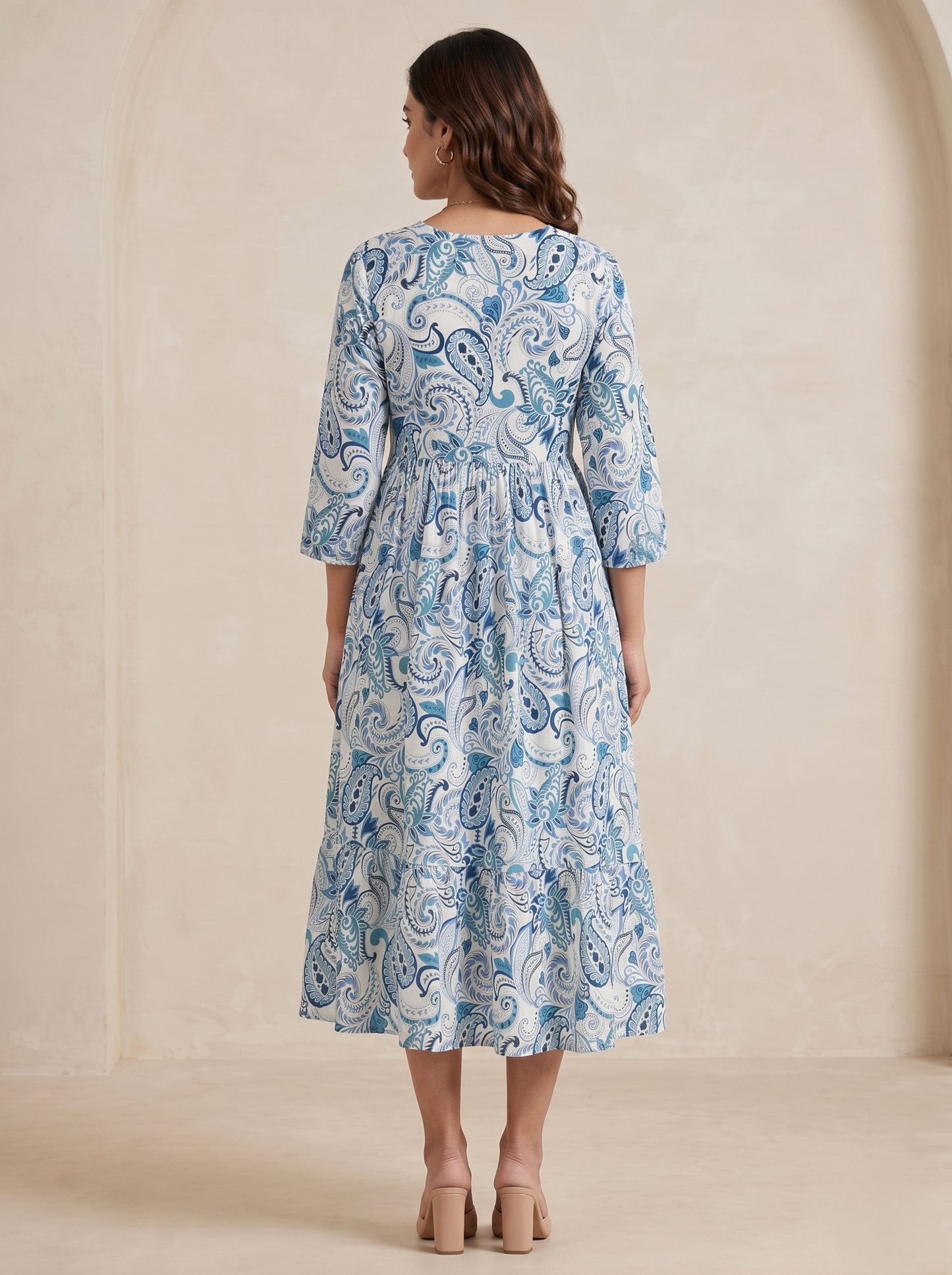 Women's Blue Viscose Rayon Paisley Print Midi Dress