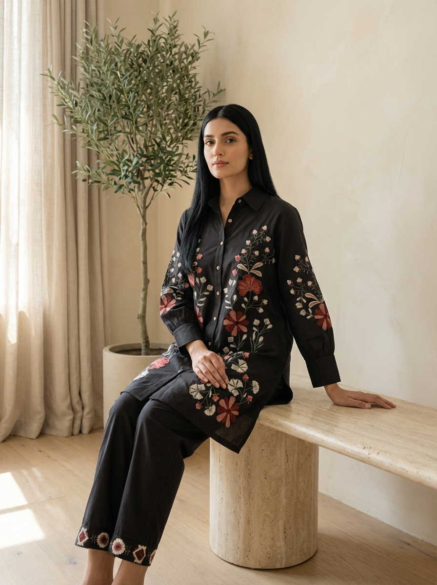 Kalparun Black Floral Embroidered Cotton Co-ord Set