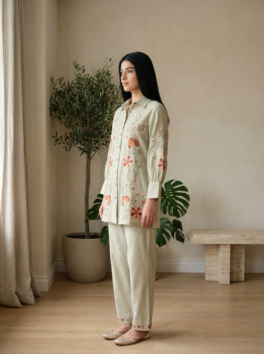 Beige Floral Embroidered Cotton Co-ord Set