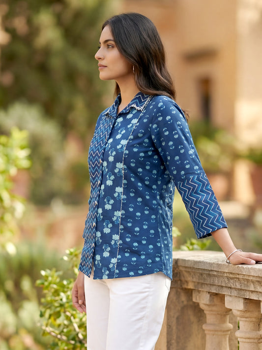 Blue Printed Cotton Shirt for Women