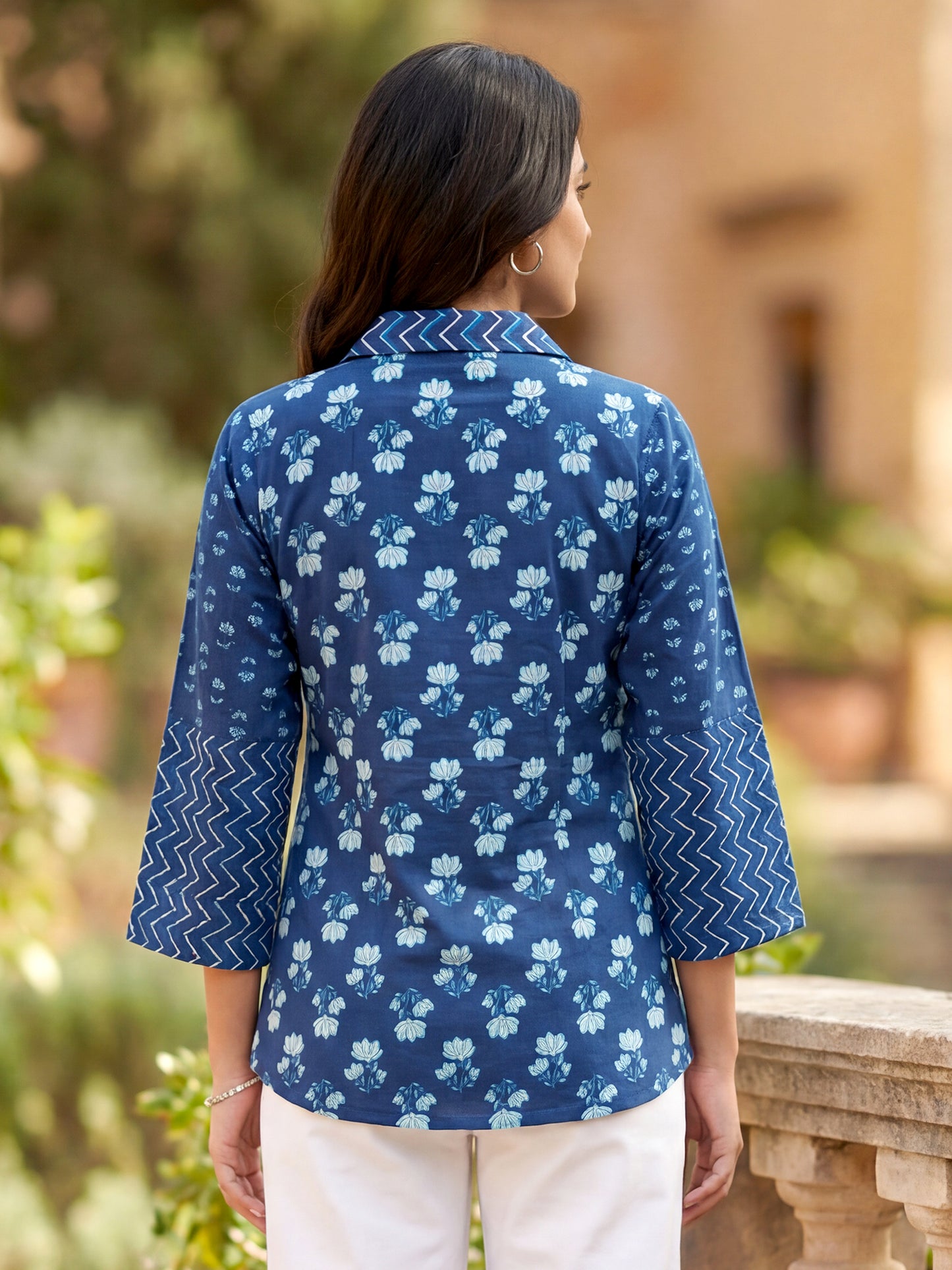 Blue Printed Cotton Shirt for Women