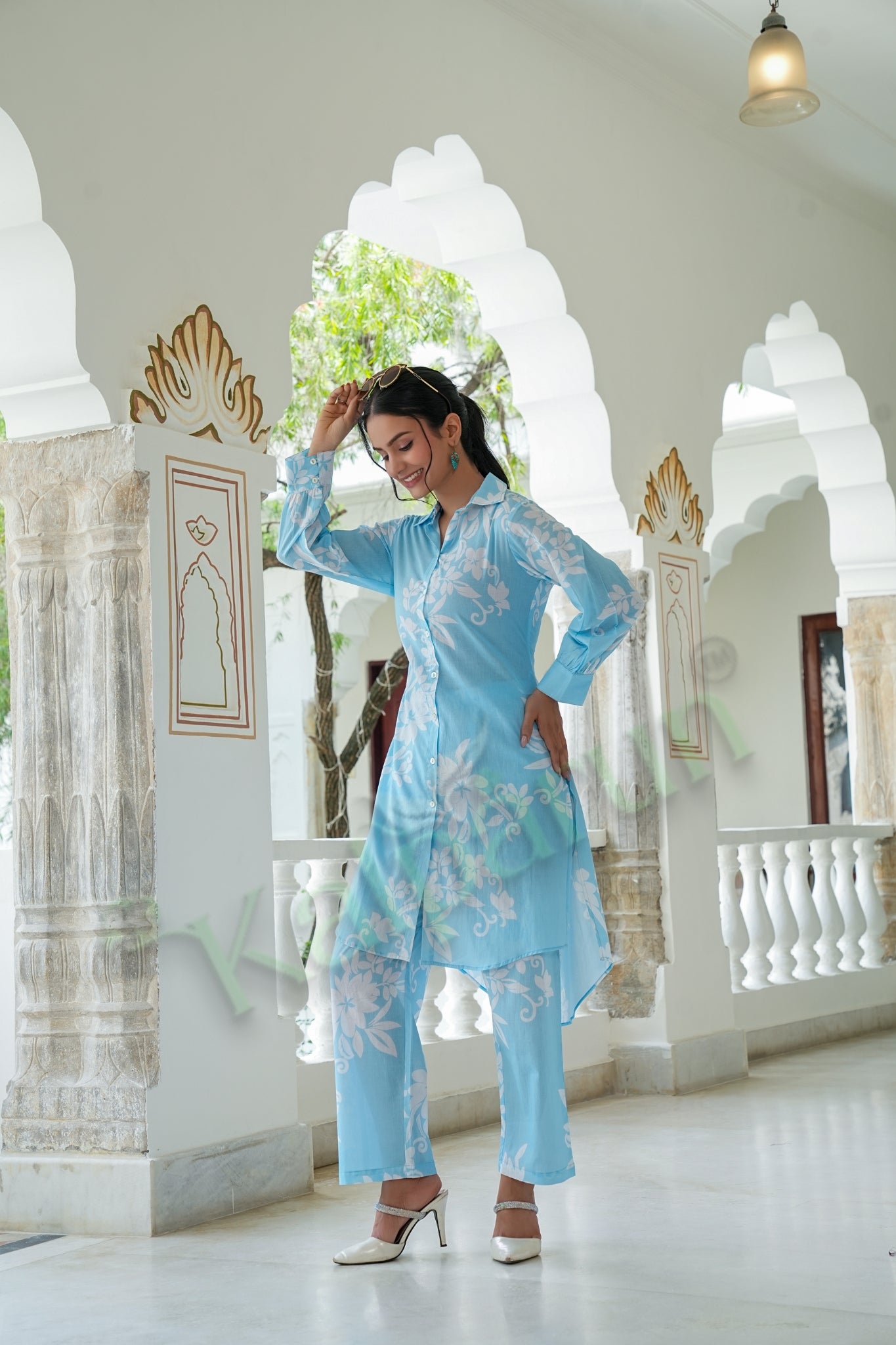 Kalparun Women's Sky Blue & White Floral Print Cotton Kurta with Pant Set | Button-Down Style