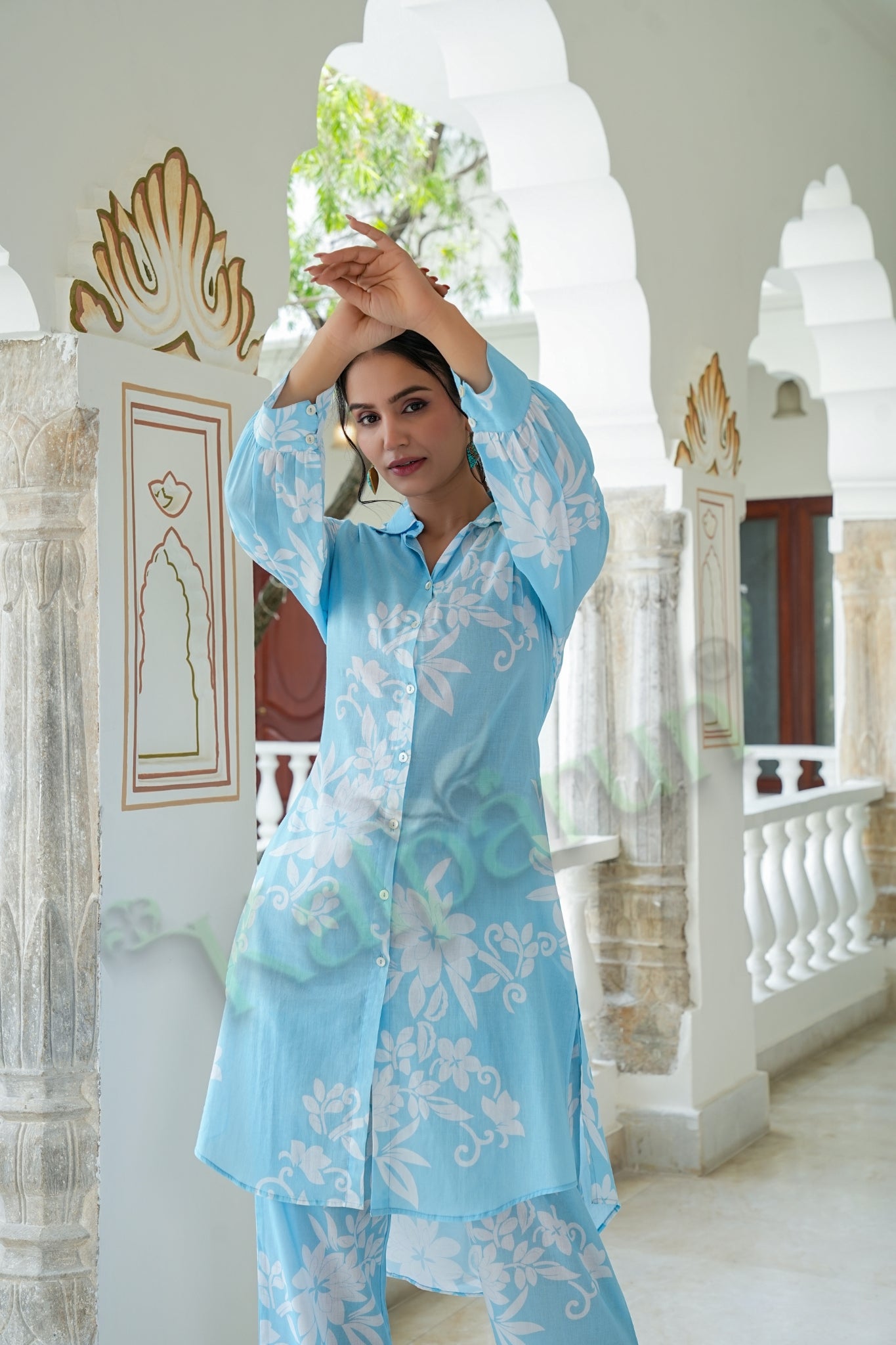 Kalparun Women's Sky Blue & White Floral Print Cotton Kurta with Pant Set | Button-Down Style
