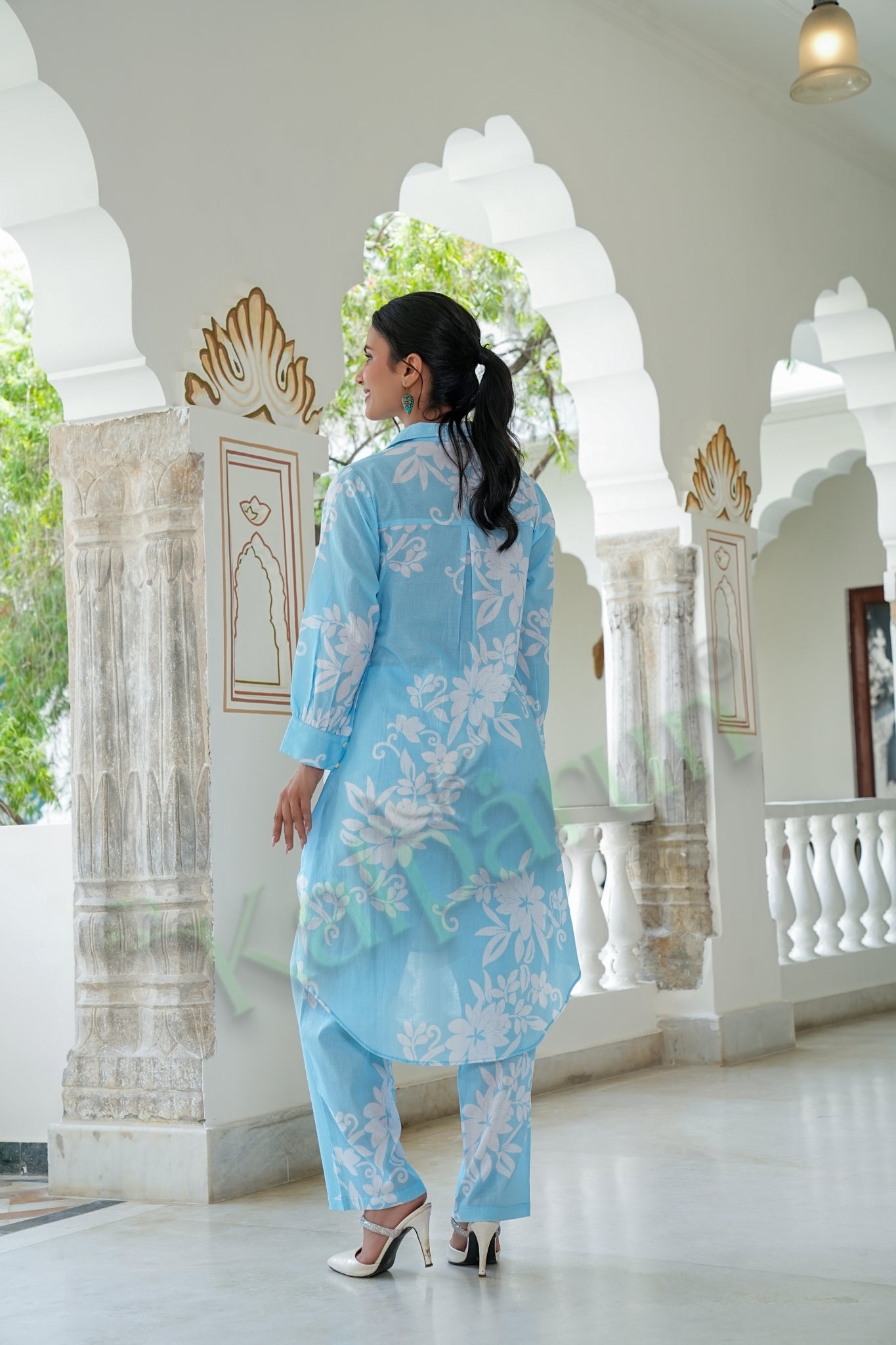 Kalparun Women's Sky Blue & White Floral Print Cotton Kurta with Pant Set | Button-Down Style