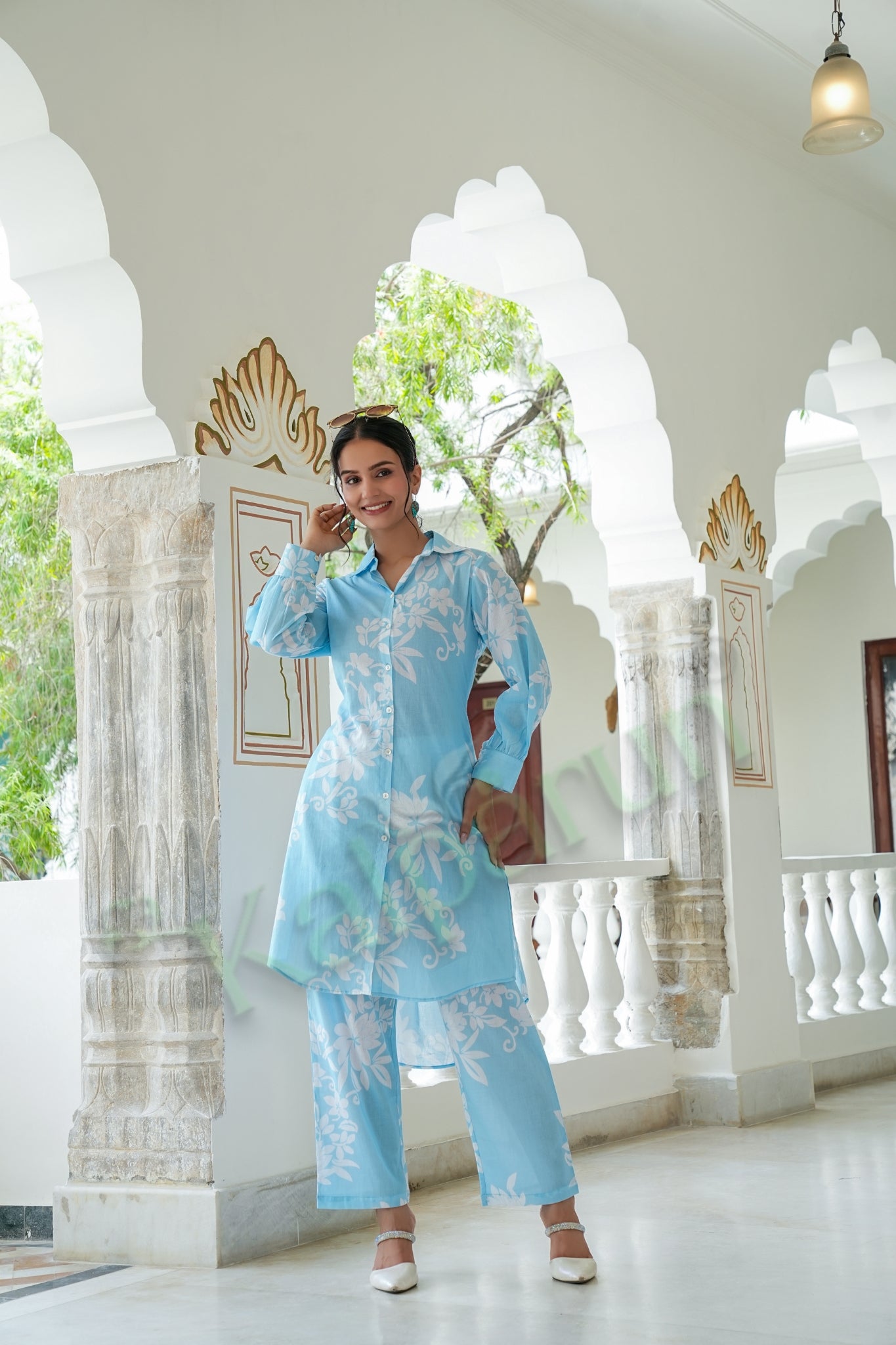 Kalparun Women's Sky Blue & White Floral Print Cotton Kurta with Pant Set | Button-Down Style