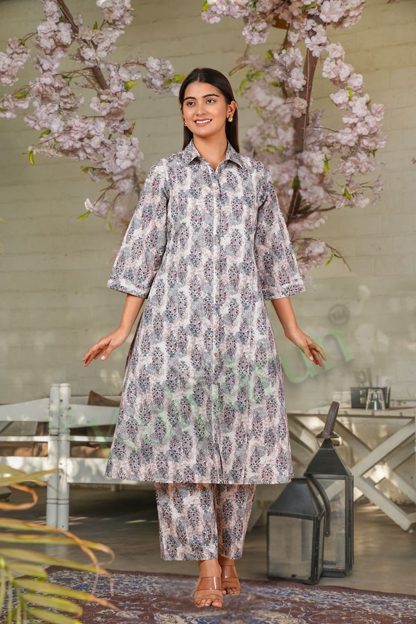 Kalparun Women's Paisley Print Cotton Kurta Pant Set, Button-Down Kurta Set, Grey and Pink Color