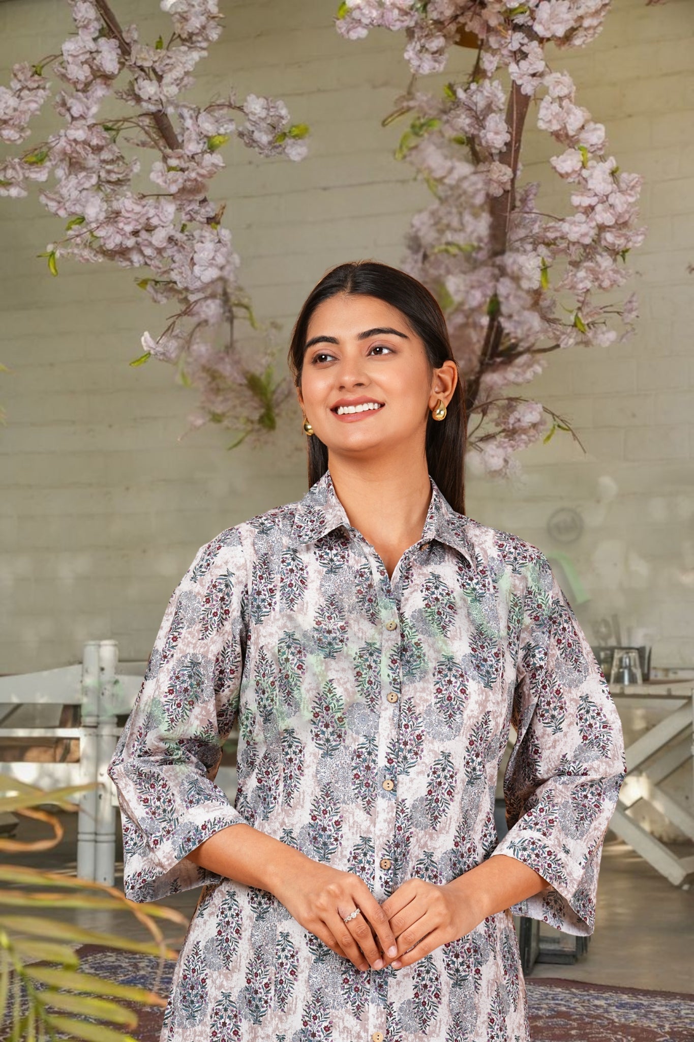 Kalparun Women's Paisley Print Cotton Kurta Pant Set, Button-Down Kurta Set, Grey and Pink Color