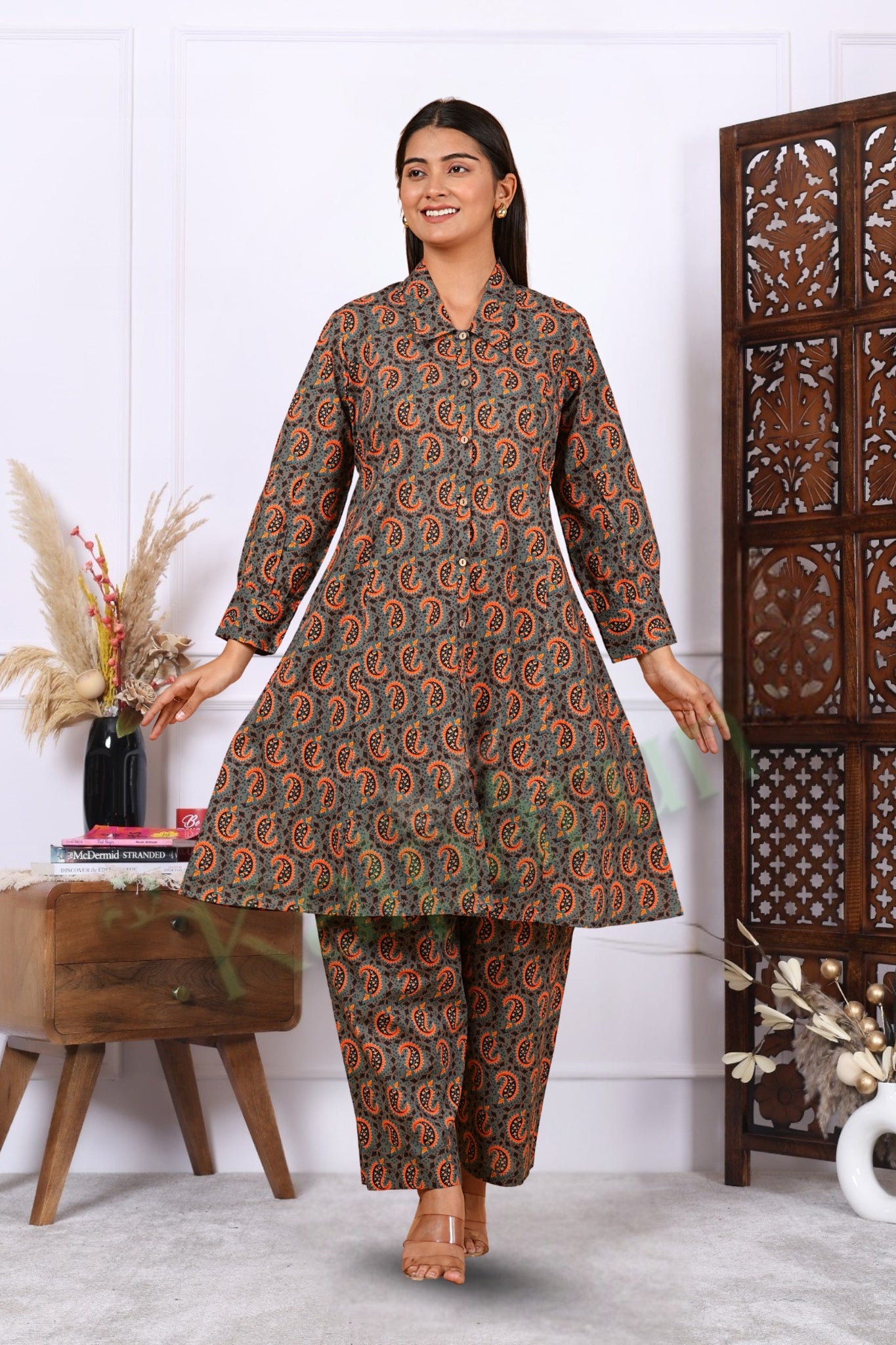 Kalparun Women's Paisley Print Cotton Kurta Pant Set, Button-Down Kurta Set, Grey and Orange