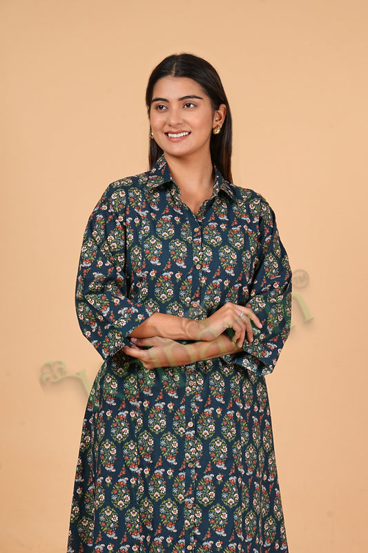 Traditional Paisley Print Cotton Kurta Pant Set, Button-Down Kurta Set, Navy Blue with Multi-Color Pattern