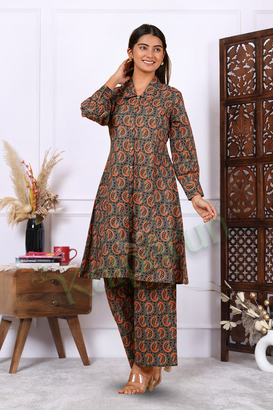 Kalparun Women's Paisley Print Cotton Kurta Pant Set, Button-Down Kurta Set, Grey and Orange