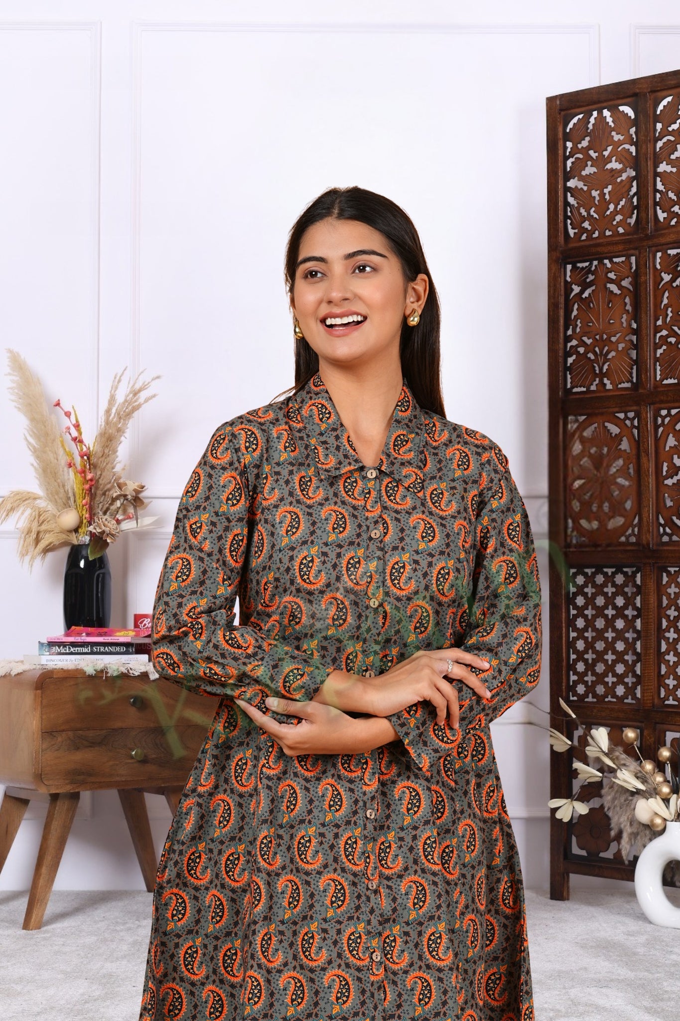 Kalparun Women's Paisley Print Cotton Kurta Pant Set, Button-Down Kurta Set, Grey and Orange