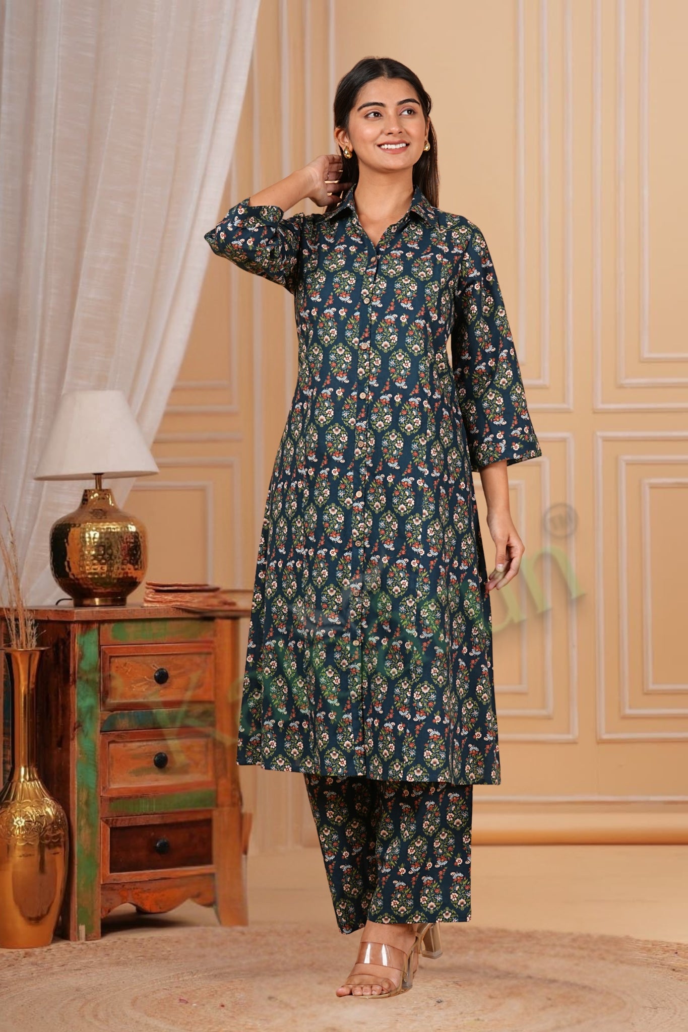 Traditional Paisley Print Cotton Kurta Pant Set, Button-Down Kurta Set, Navy Blue with Multi-Color Pattern