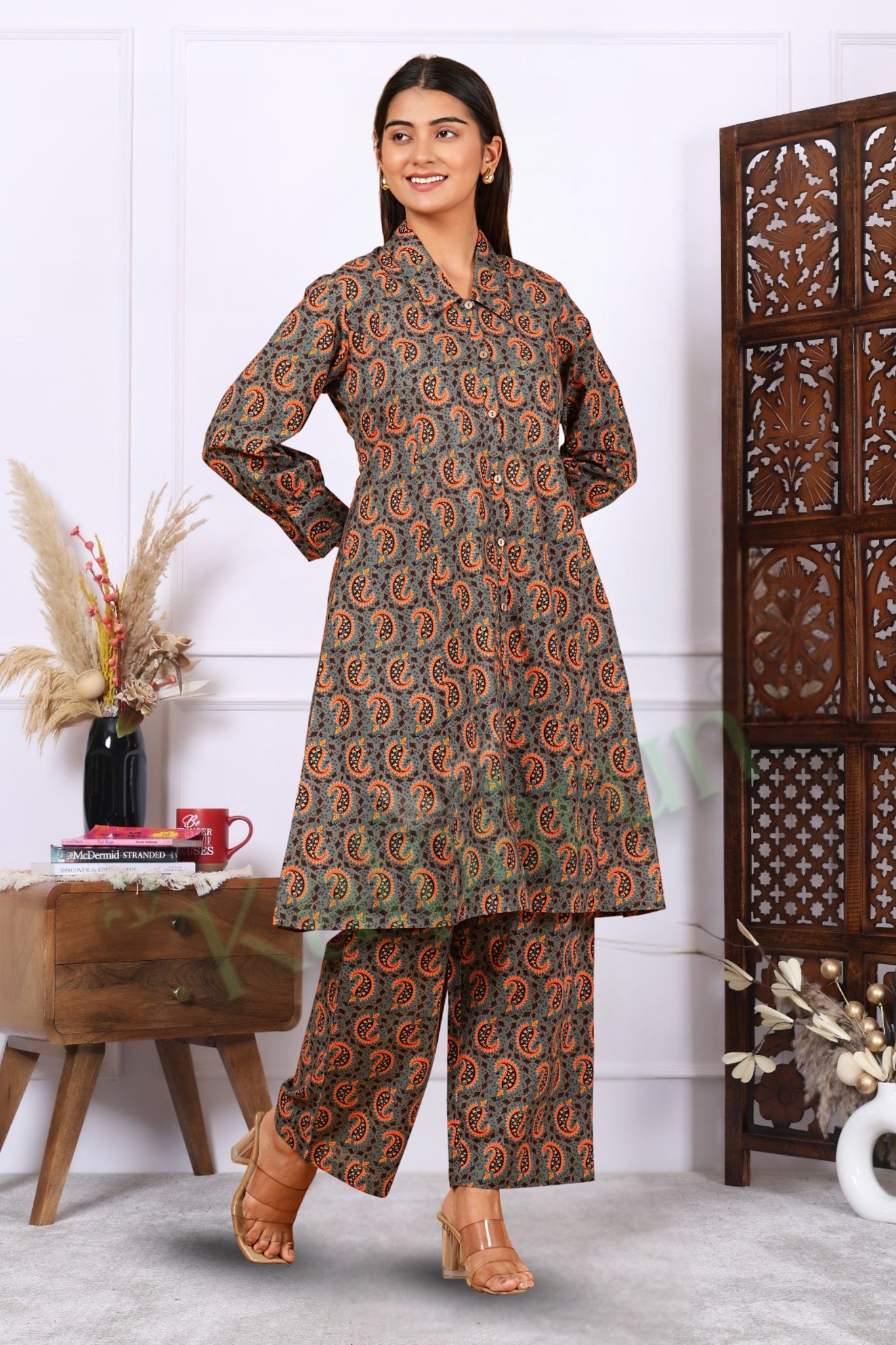 Kalparun Women's Paisley Print Cotton Kurta Pant Set, Button-Down Kurta Set, Grey and Orange