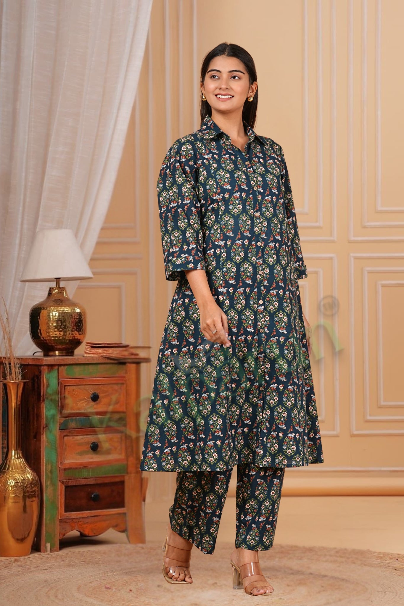 Traditional Paisley Print Cotton Kurta Pant Set, Button-Down Kurta Set, Navy Blue with Multi-Color Pattern