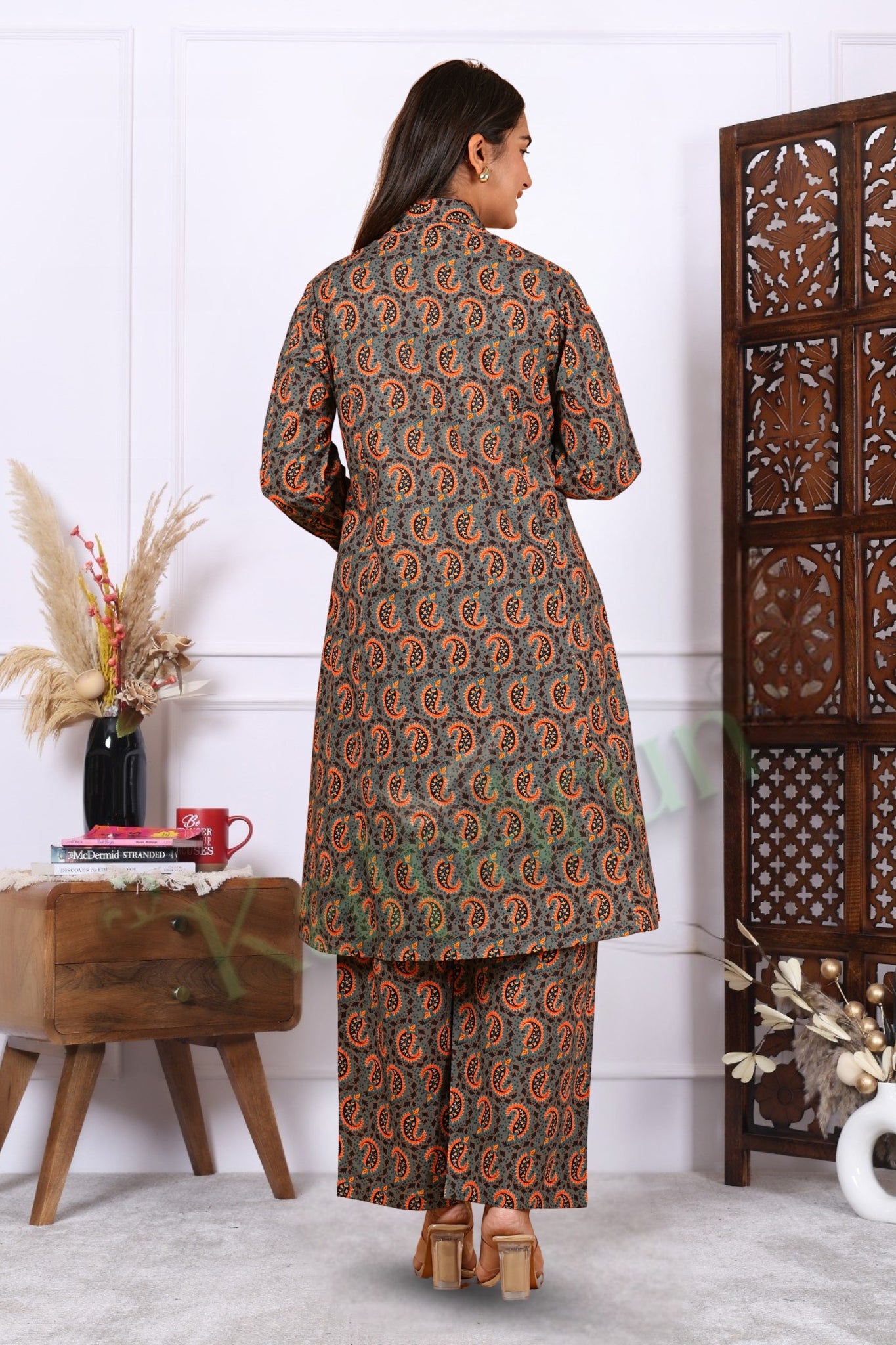 Kalparun Women's Paisley Print Cotton Kurta Pant Set, Button-Down Kurta Set, Grey and Orange