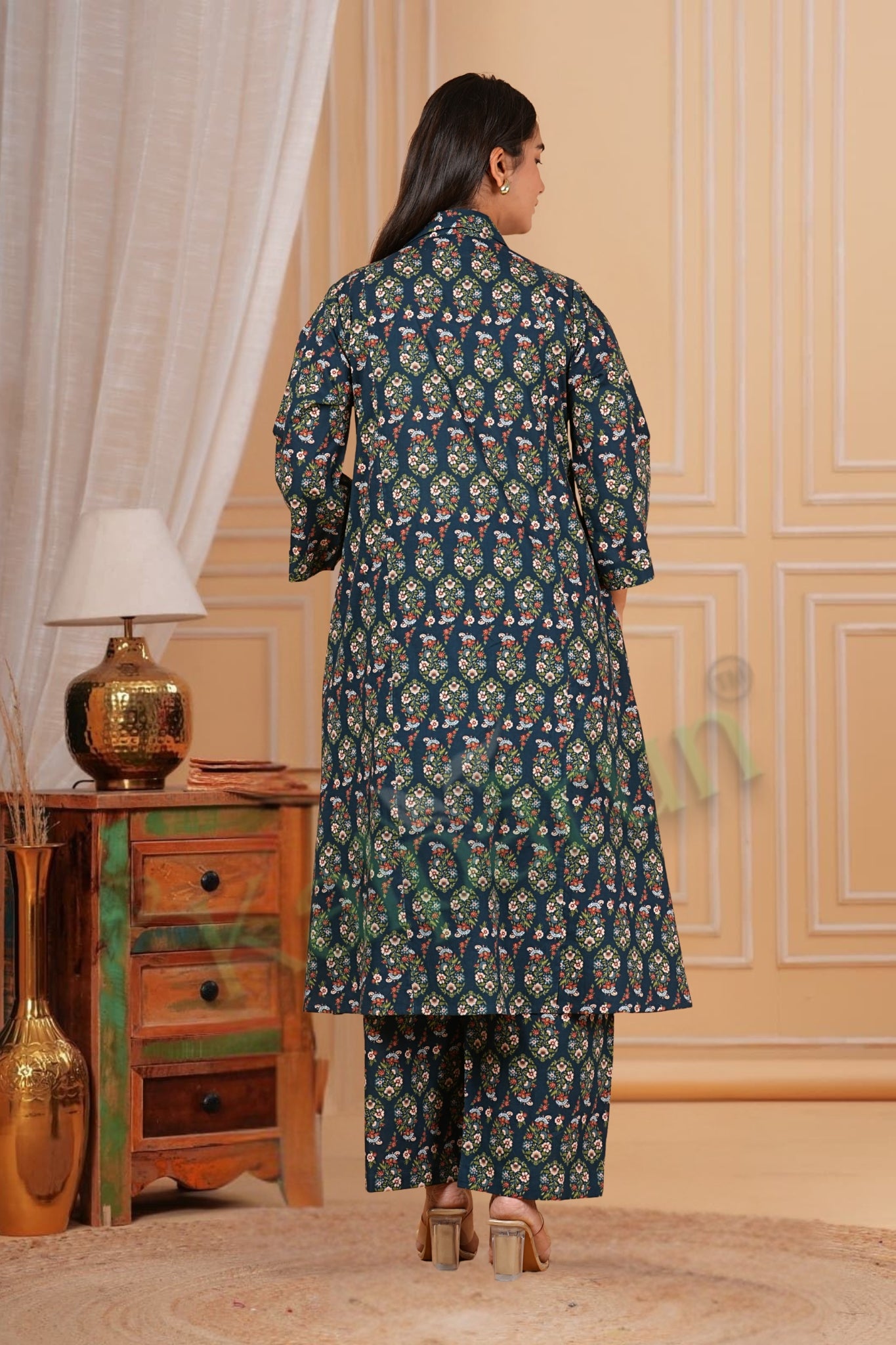 Traditional Paisley Print Cotton Kurta Pant Set, Button-Down Kurta Set, Navy Blue with Multi-Color Pattern