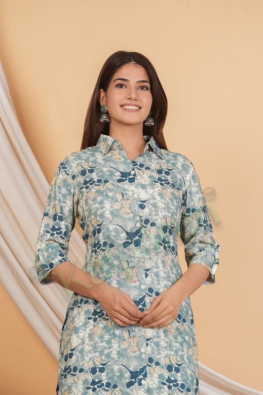 Kalparun Floral Print Rayon Kurta Set with Pants, Blue Kurta Set, Collared Neck