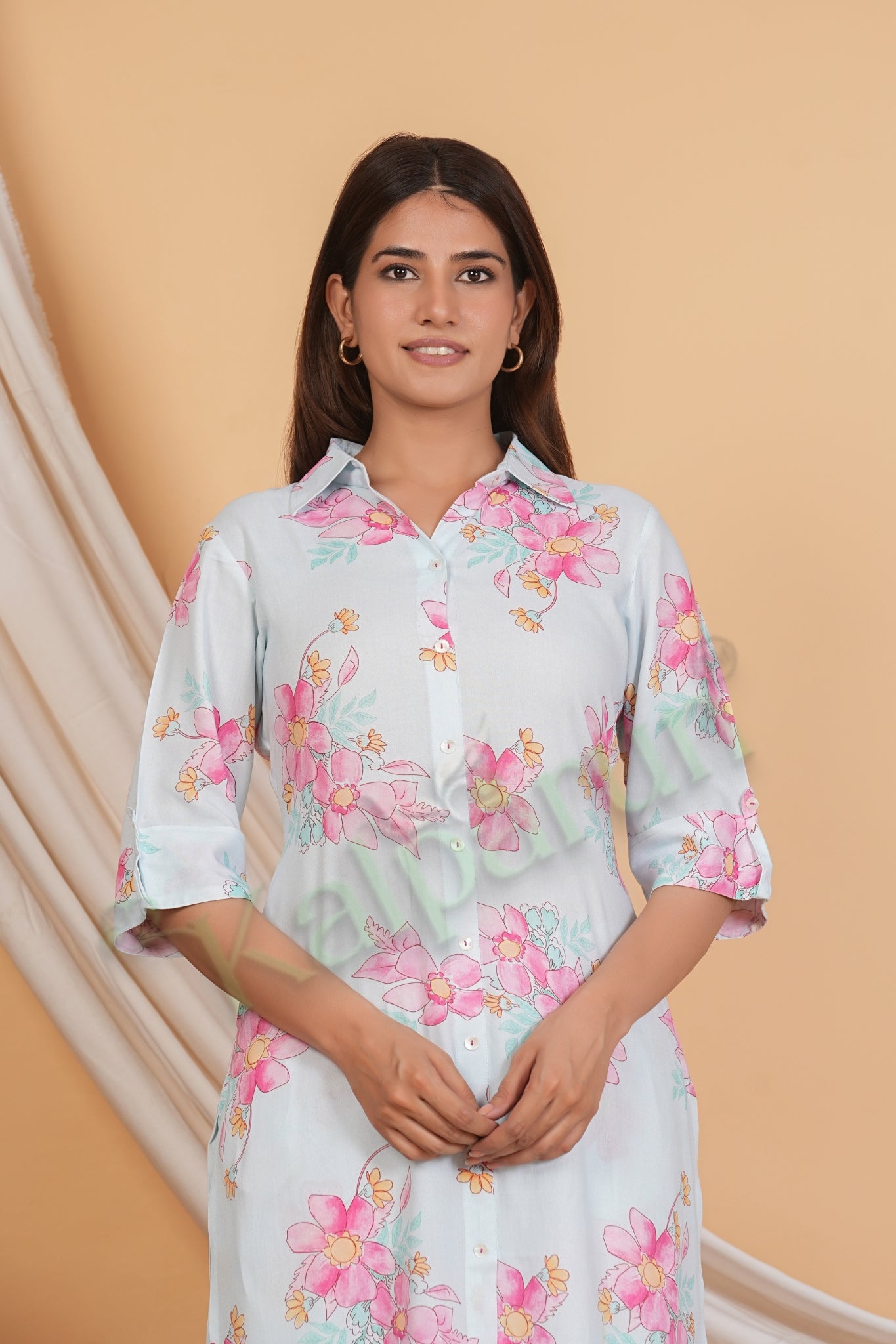 Kalparun Floral Print Rayon Kurta Set with Pant, Pink Kurta Set, Collared Neck